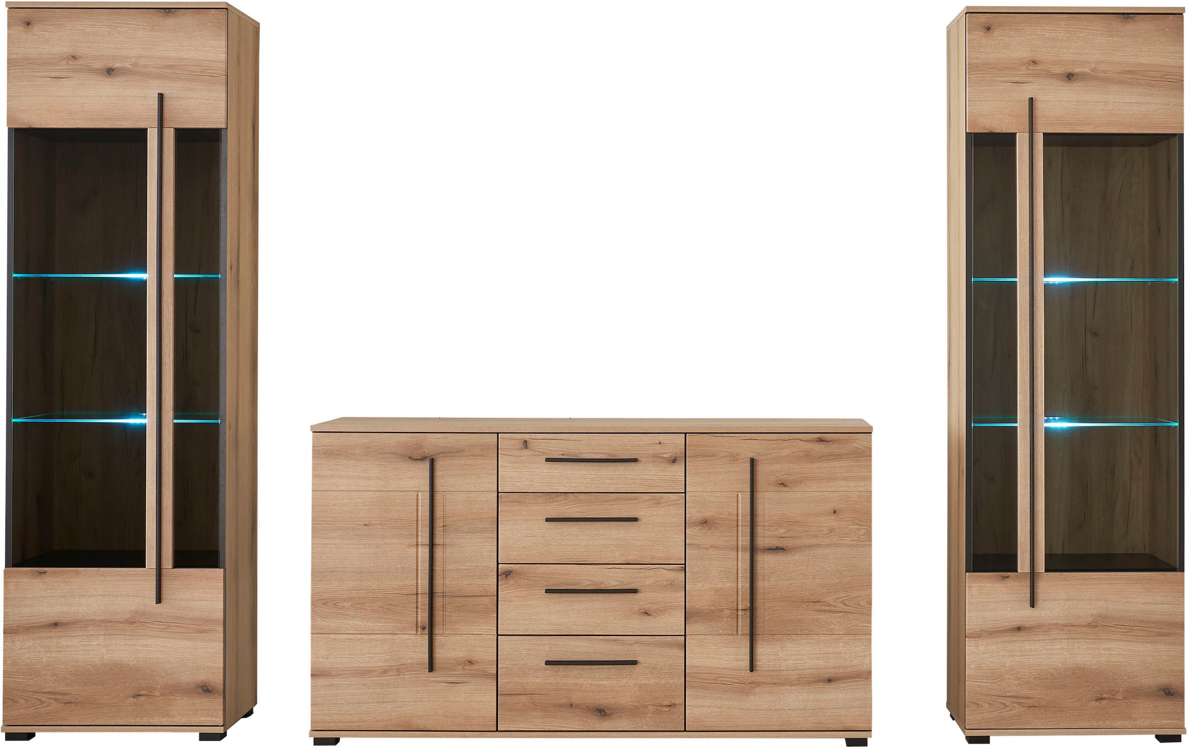 INOSIGN Wohnwand »Cantara, moderne Anbauwand, Wohnzimmer-Set, in Eiche Evoke oder Weiss«, (Set), enthält zwei Vitrinen und ein Sideboard