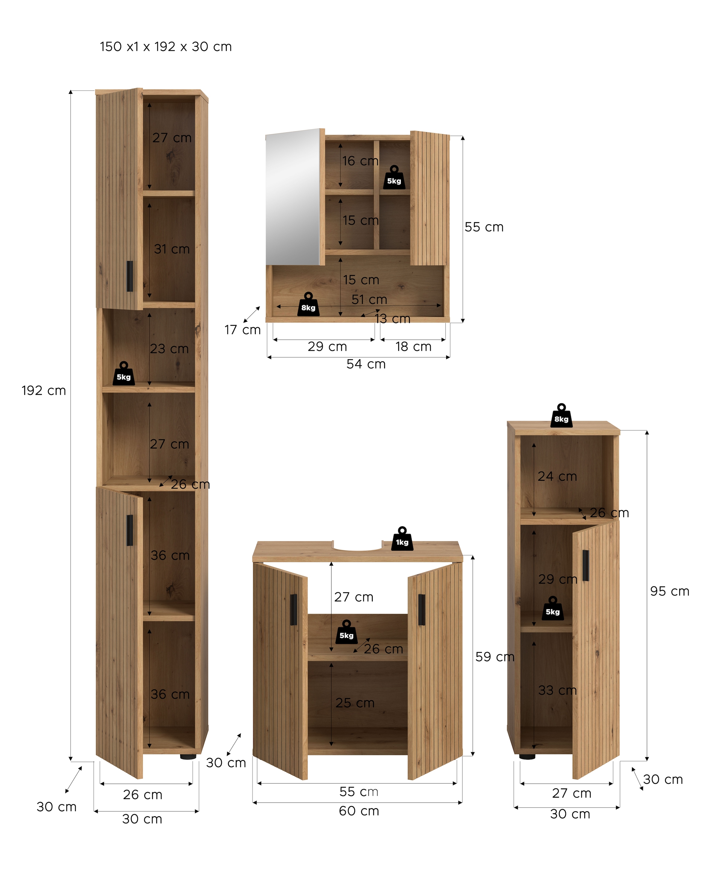 welltime Badmöbel-Set »MANI, 4-tlg. Badkombination, Paneeloptik« Set, Set, best. aus: 1Badschrank, 1WBU, 1 Spiegelschrank, 1 Badschrank, 4 Stk. tlg.