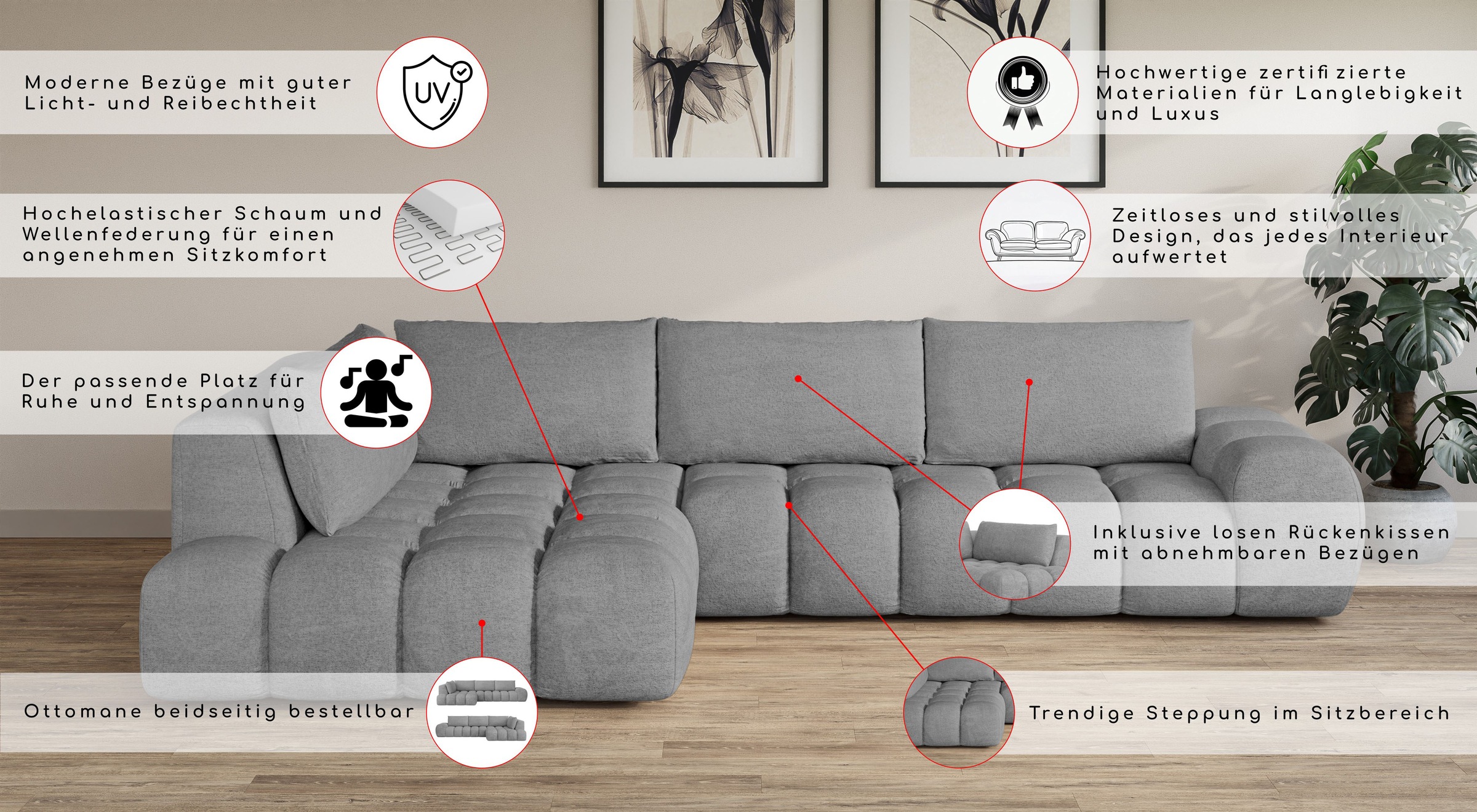 INOSIGN Ecksofa »AZITA Designsofa, elegant und bequem L-Form, Bubble-Optik«, lose Rückenkissen, traumhafte Steppung, Masse B/T/H: 352/210/72 cm