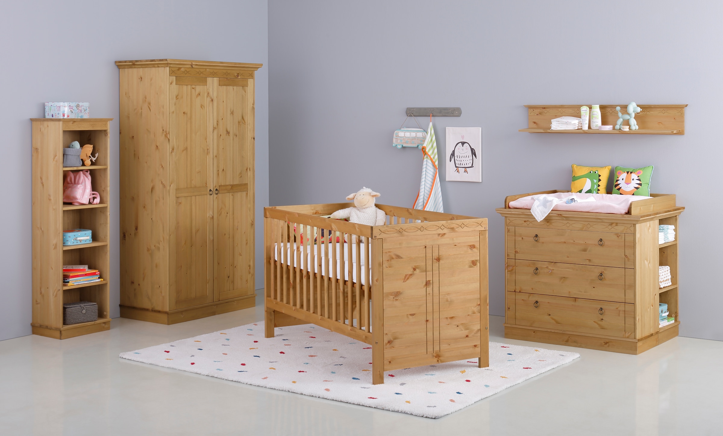 Image of GOODproduct Babyzimmer-Komplettset "Indra, FSC zertifiziertes Massivholz, zum Jugendzimmer umgestaltbar" Spar-Set, Kleiderschrank, Bett, Kommode + Aufsatz, Unterbau-, Wand- & Standregal