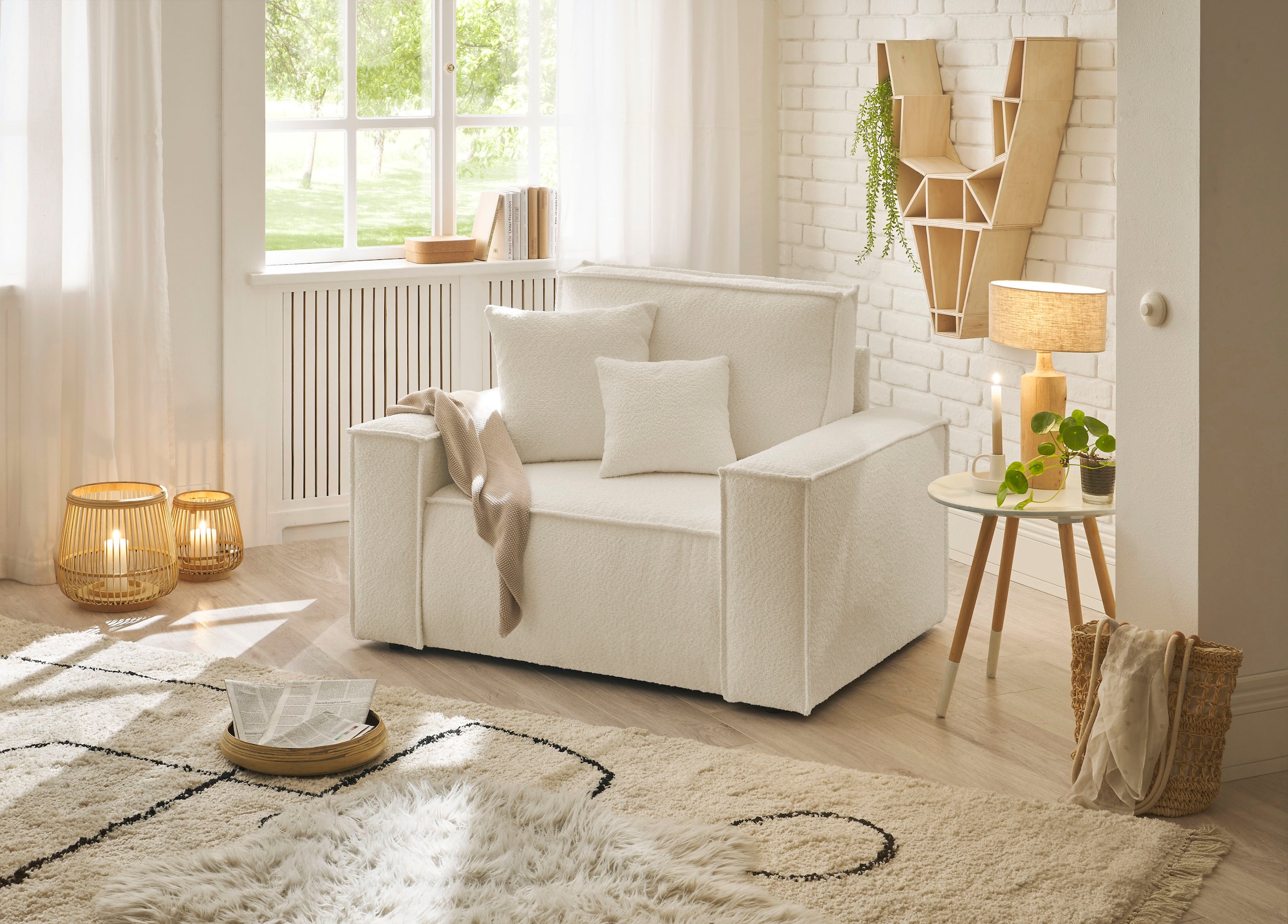 GOODproduct Loveseat »FINNLEY Bouclé, XXL-Sessel, Lesesessel, inkl. Zierkissen« 1 Stk. tlg. verfügbar in den Stoffqualitäten Bouclé, Struktur fein und Mega Cord