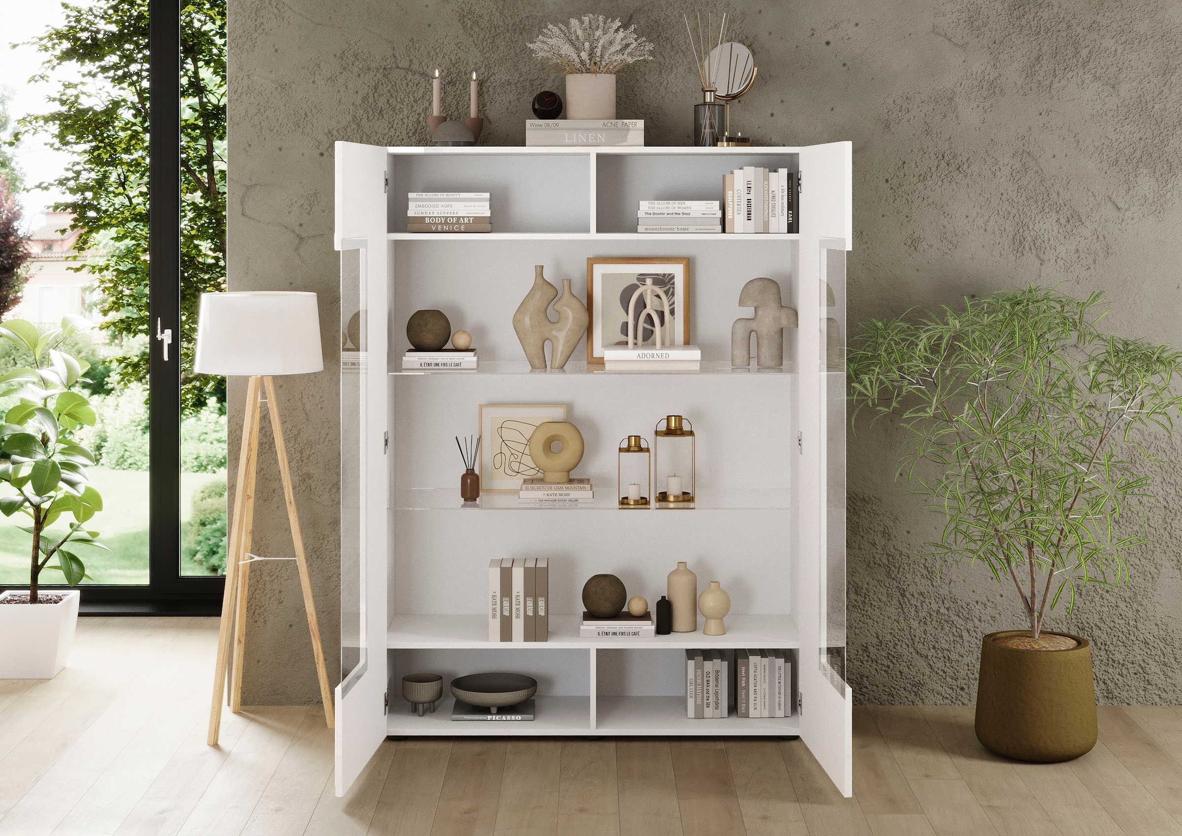 Home affaire Vitrines »RIO, Höhe 166 cm, Hochschrank mit 2 Türen, Anrichte, Standvitrine« Vitrinenschrank, geriffelte MDF-Fronten, modern, elegant, geräumig