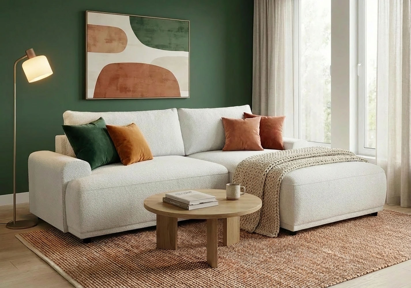Image of TRENDMANUFAKTUR Ecksofa "Fordon, Schlafsofa mit Bettkasten, Couch in L-Form, Breite 250 cm" in Struktur fein LEO, haustierfreundlich, wollweiss, Recamiere rechts