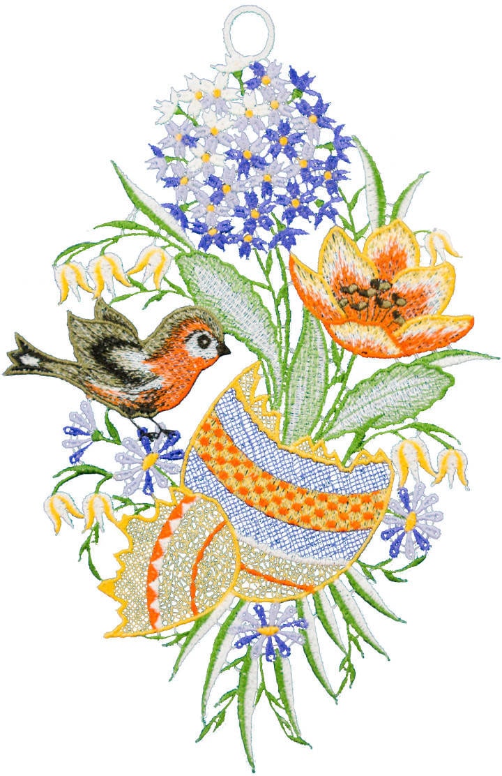 Image of W. Reuter & Sohn - Plauener Spitze Fensterbild "Osterei und Vogel" Made in Germany