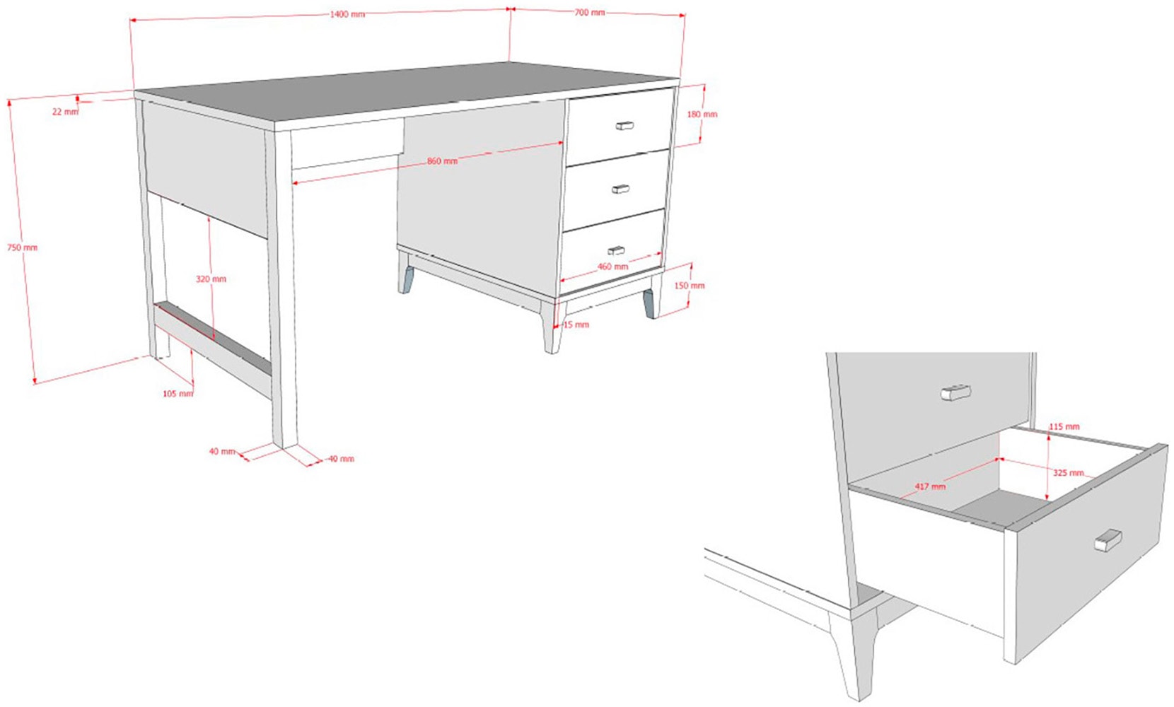 Vipack Schreibtisch »Ilyas, mit grosser Schreibplatte 140 x 70 cm, gradliniges Design« pflegeleichte Melamin Oberfläche in Nussbaum Dekor