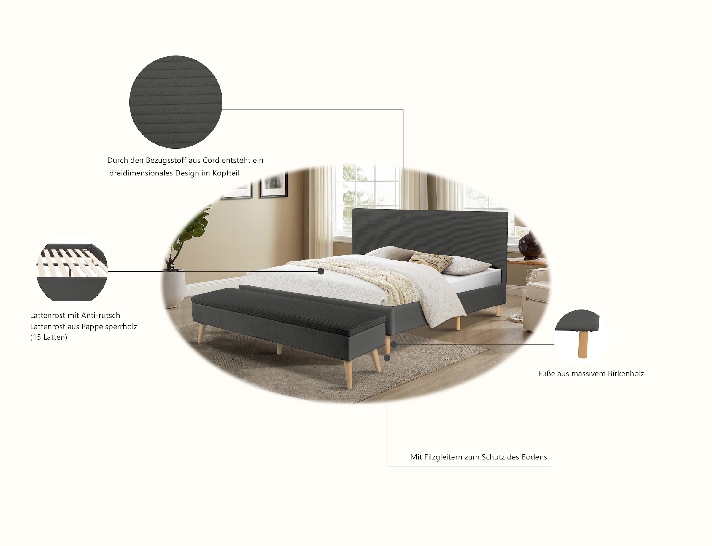 Home affaire Lit rembourré »Armandine inkl. Lattenrost« Kopfteil mit Cordbezug, erhältlich in den Breiten 140cm & 180cm