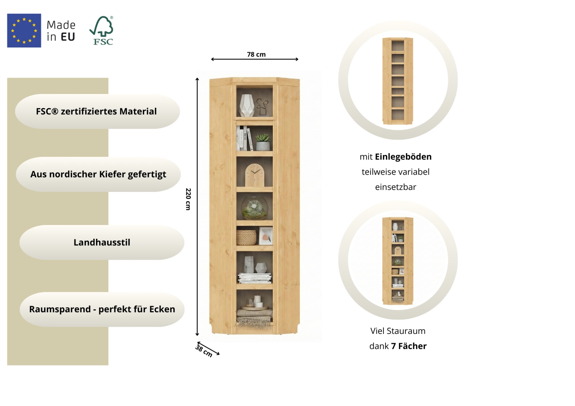 GOODproduct Eckregal »Soeren Regal Höhe 220 cm, massive Kiefer, FSC®-zertifiziert« passend für Regale Soeren mit einer Tiefe von 29 cm