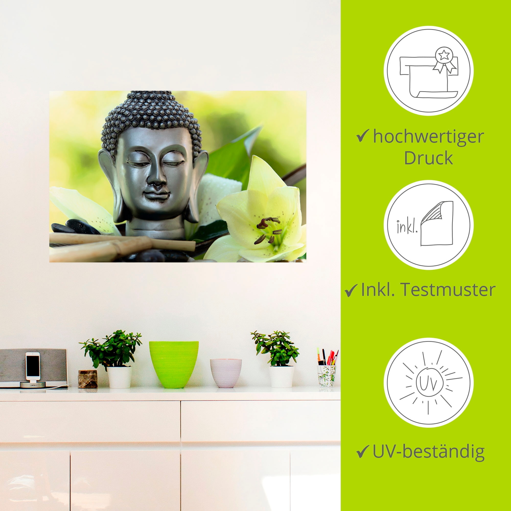 Artland Wandbild »Entspannung und Ruhe mit Buddha«, Buddhismus, (1 St.), als Alubild, Outdoorbild, Leinwandbild, Poster, Wandaufkleber