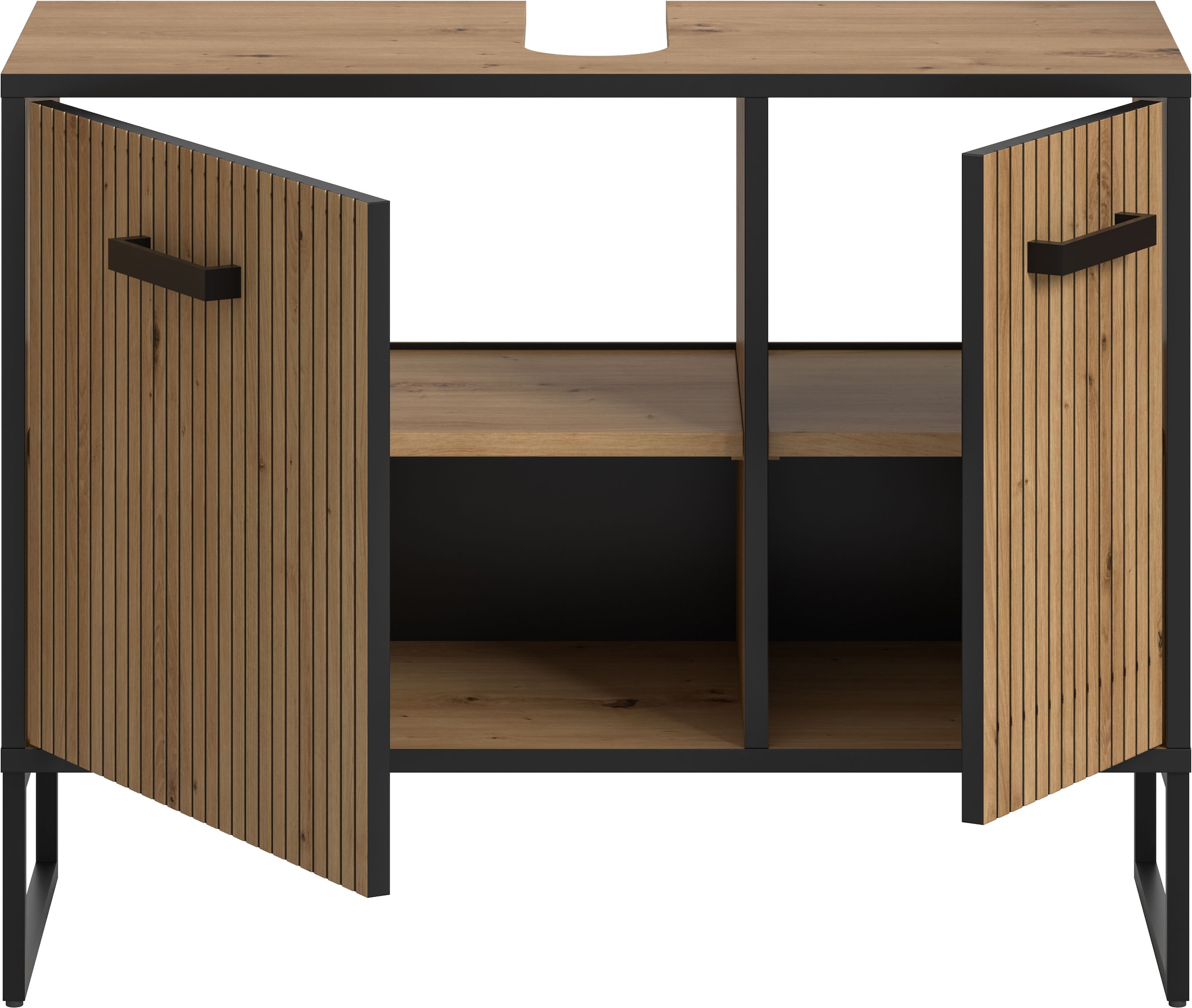 welltime Waschbeckenunterschrank »LOCRI, Höhe 63 cm, 2 Türen, 2 Einlegeböden, mit Siphonausschnitt« industrial Look mit Rillenoptik & Metall Kufen, 1 Stk. tlg. Badmöbel, Badschrank, Badkommode, Kommode, Schrank, Bad, Badezimmer