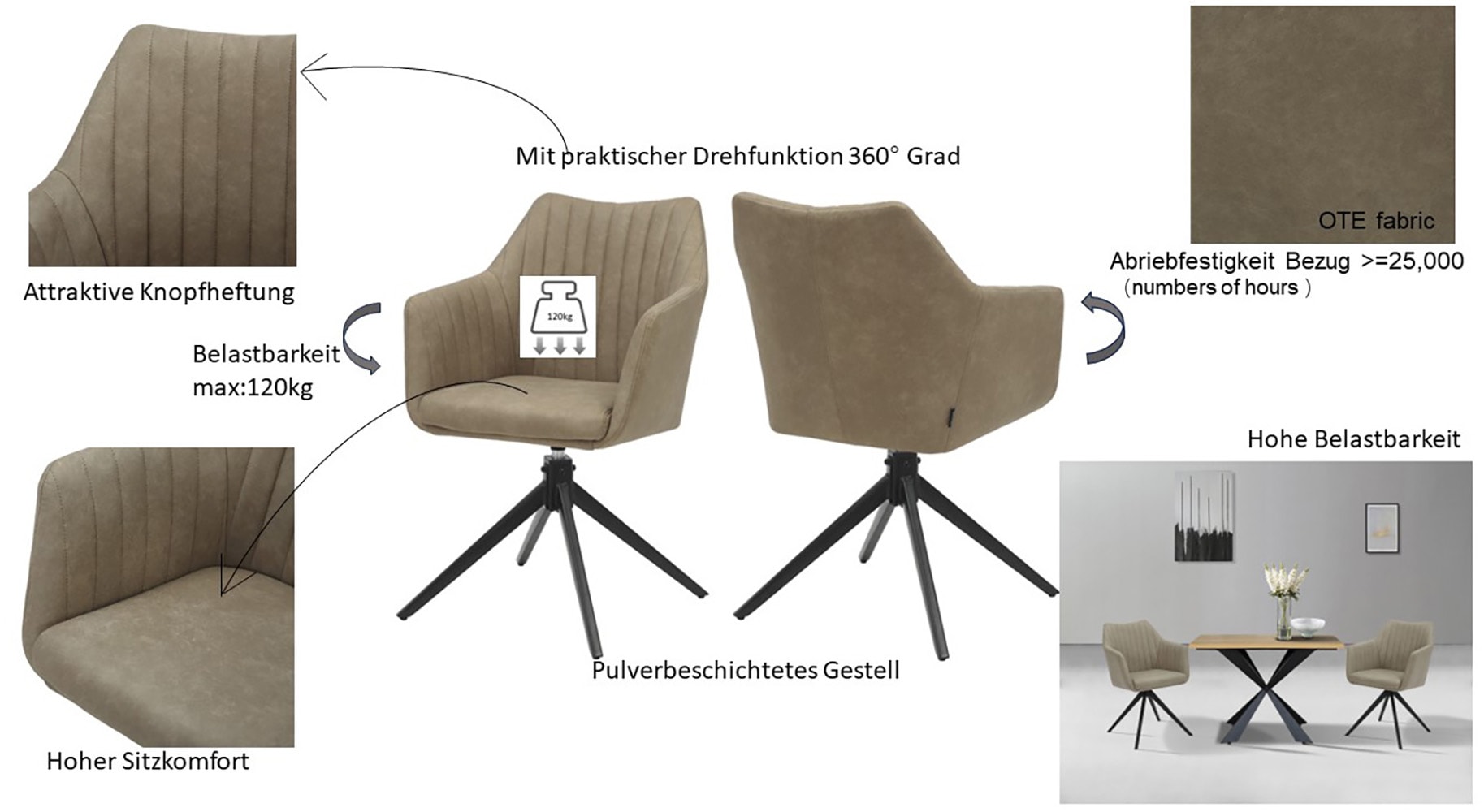 Home affaire Esszimmerstuhl »Naples, TOPSELLER!«, (Set), 2 St., Drehstuhl 360 Grad Drehfunktion, hochwertiges Material, pflegeleicht