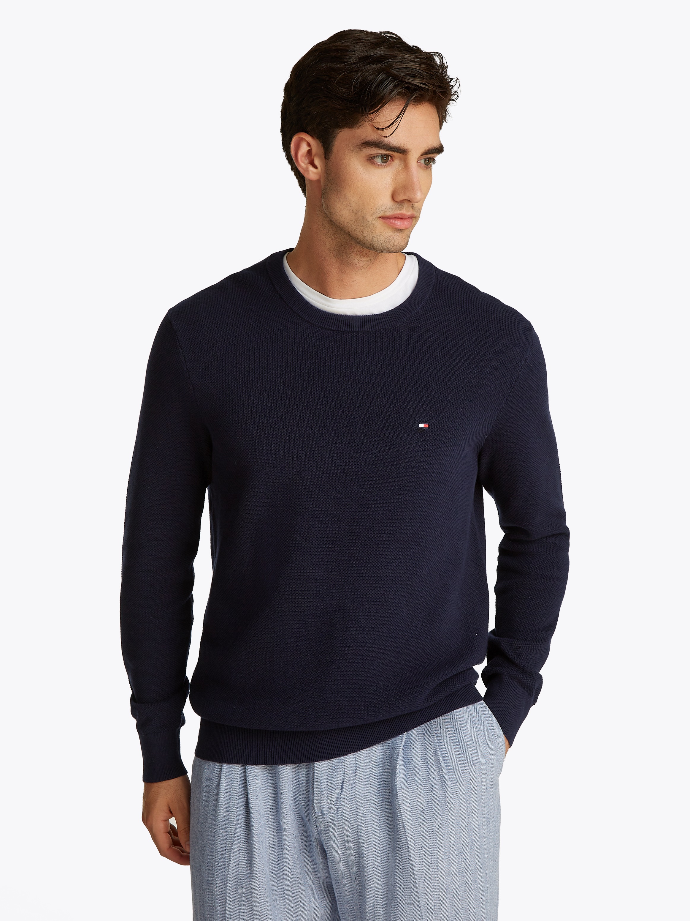 Tommy Hilfiger Rundhalspullover »ESSENTIAL STRUCTURE CREW NECK mit Struktur und Label«, unifarben, casual, regular fit, Baumwolle, Rundhals