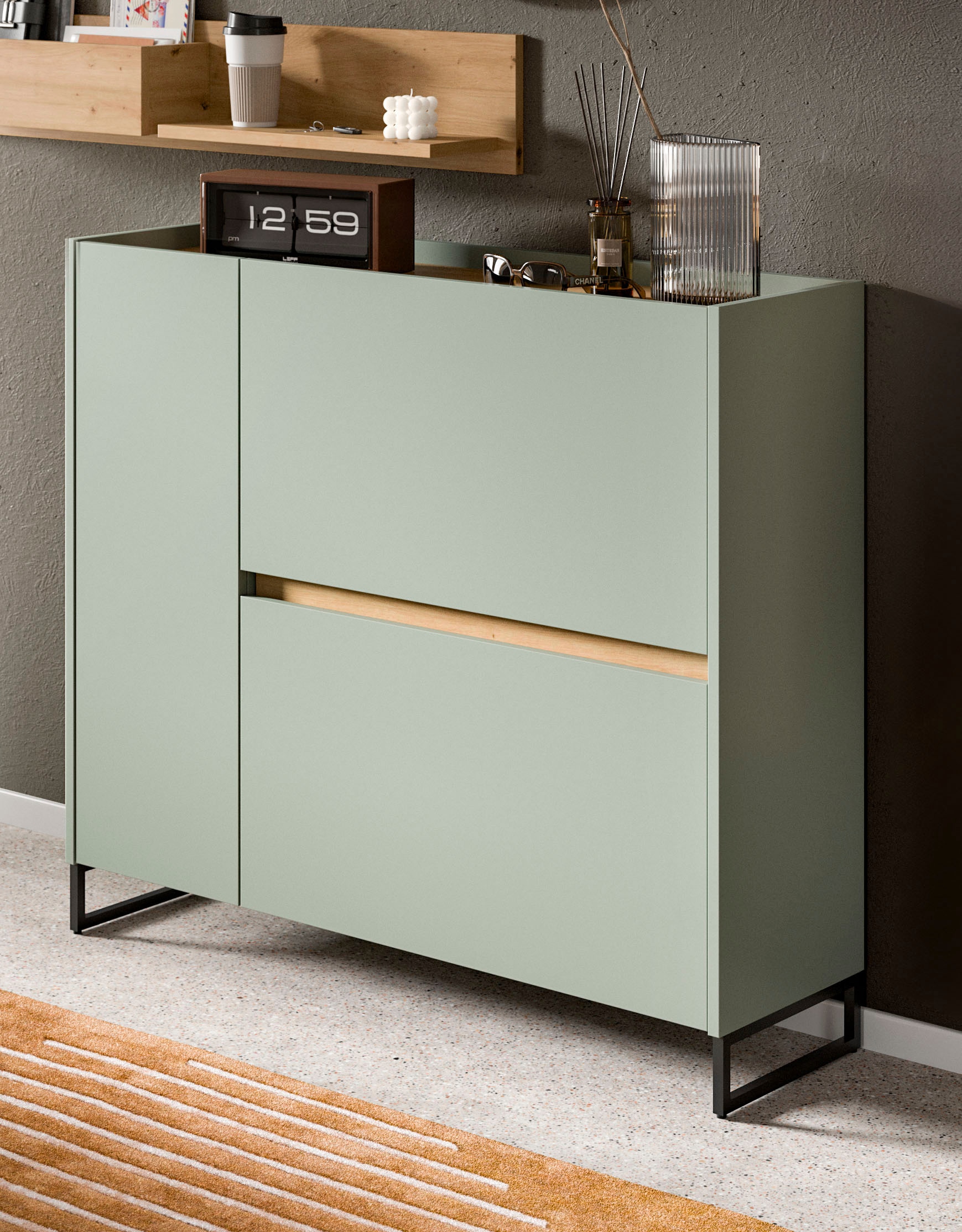 Home affaire Armoire à chaussures »EVRID, Breite 110cm, 1 Tür, 2 Schuhwalzen, inkl. Metall-Kufenfüsse« individuell mit anderen Artikel der Serie EVRID erweiterbar, 1 cuis tlg. Schuhkommode, Kommode, Sideboard, Garderobenschrank, Flurkommode