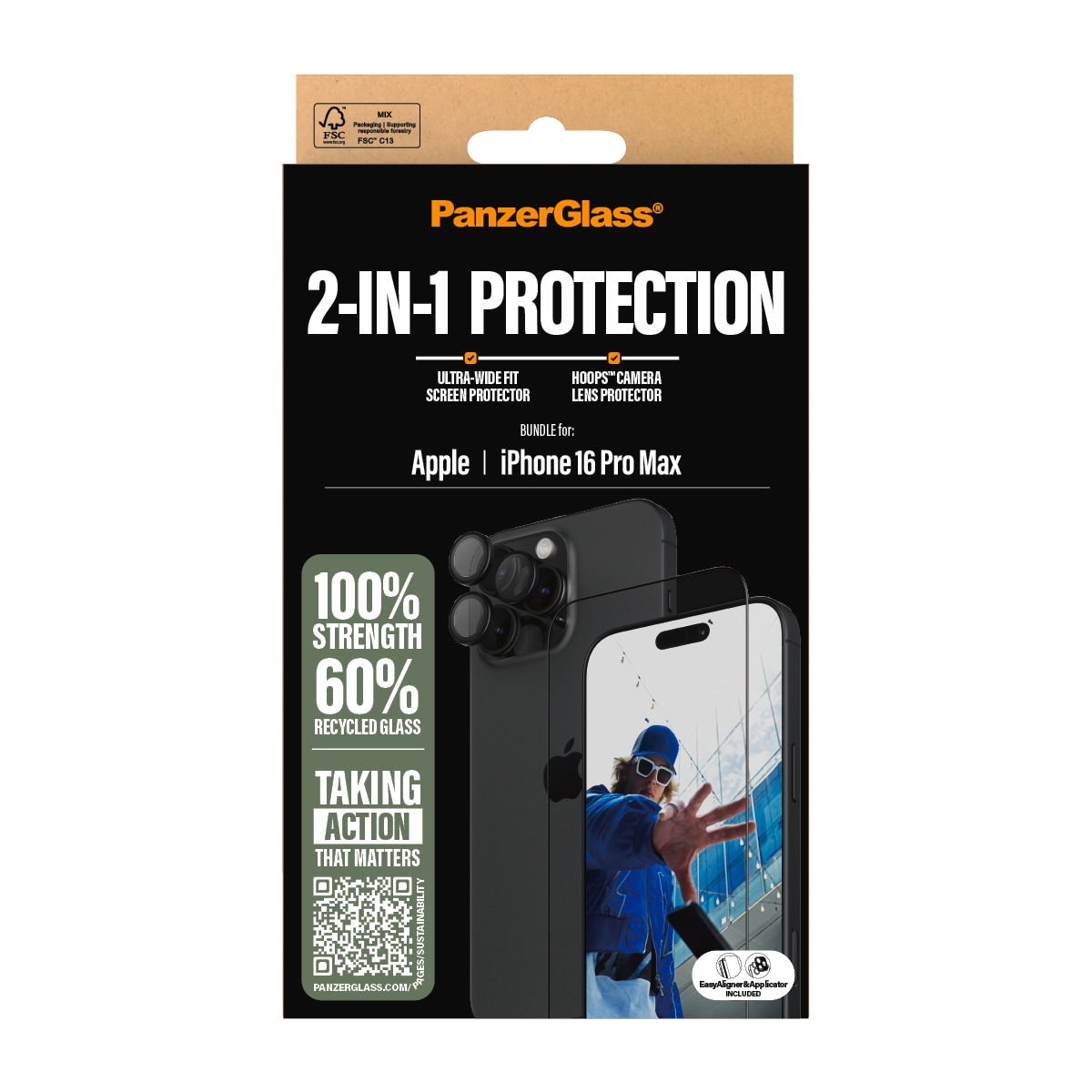 PanzerGlass Displayschutzglas »2-in-1 Protection, Glass, Lens Protector«, für Apple iPhone 16 Pro Max, Displayschutzfolie, Schutzfolie, Bildschirmschutz, kratz- & stossfest