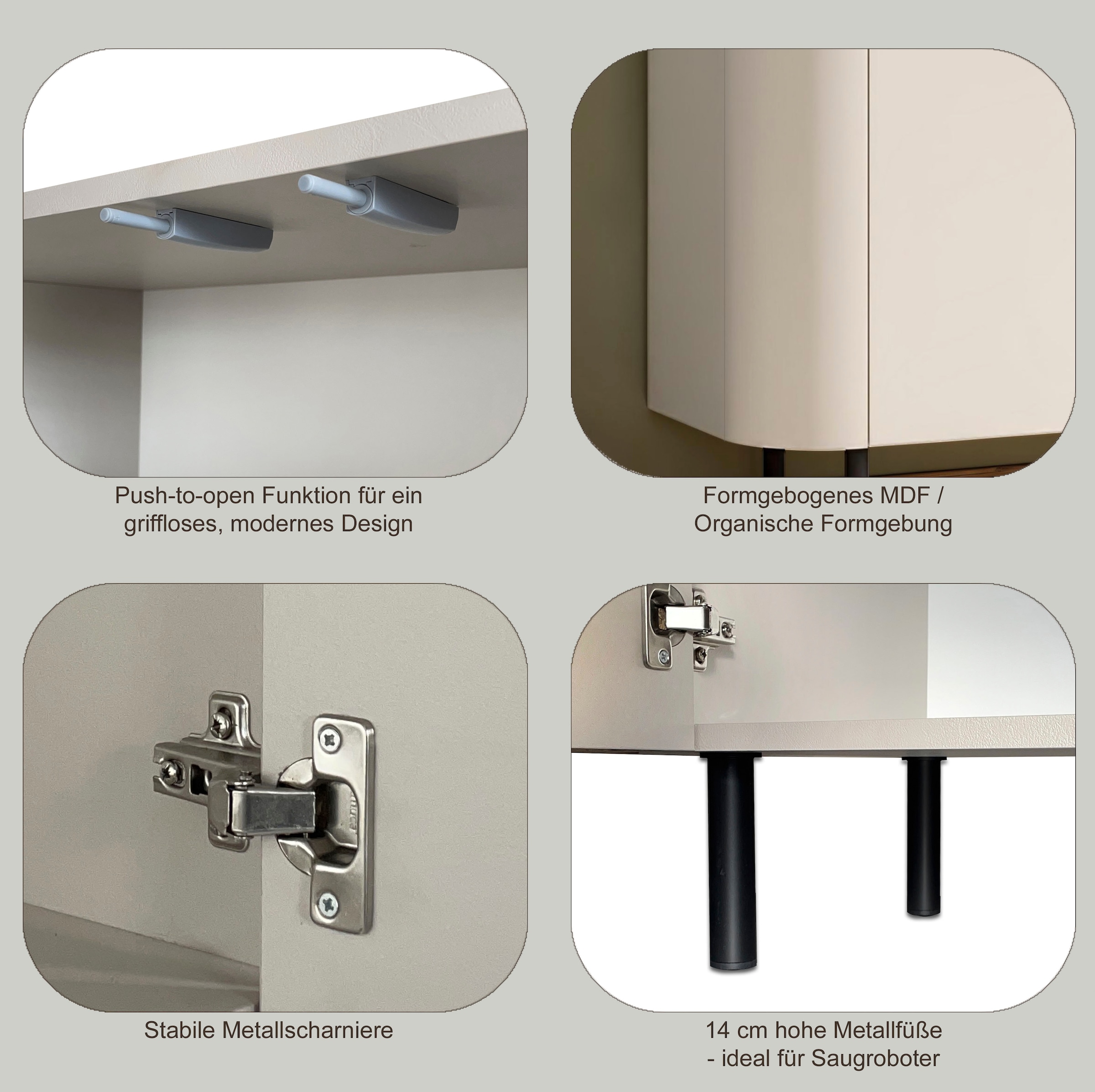 INOSIGN Sideboard »Lido, 181 cm breit, 3 Türen, Anrichte, Kommode, Stauraumschrank« Formgebogenes MDF, Stirnseiten mit Rundung, Push-to-open, Metallfüsse