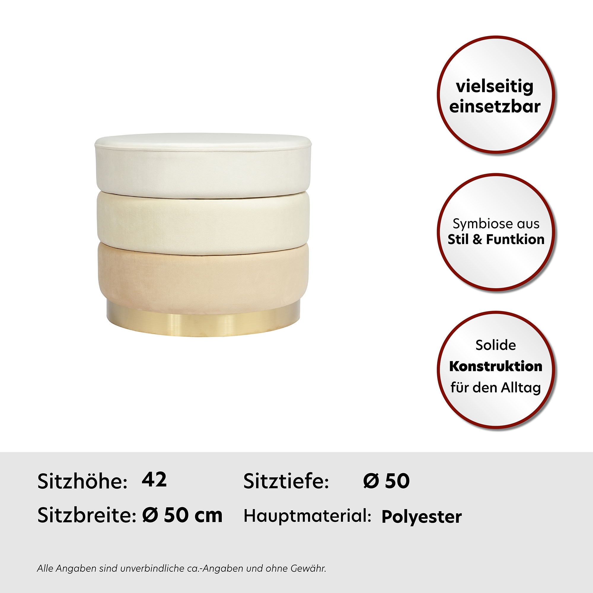 Kayoom Polsterhocker »Hocker Matilda 325, Edler Touch durch goldfarbenenen Sockel«, (1 St.), Samtbezug, farbig geschichtete Polsterung, goldfarbenener Sockel