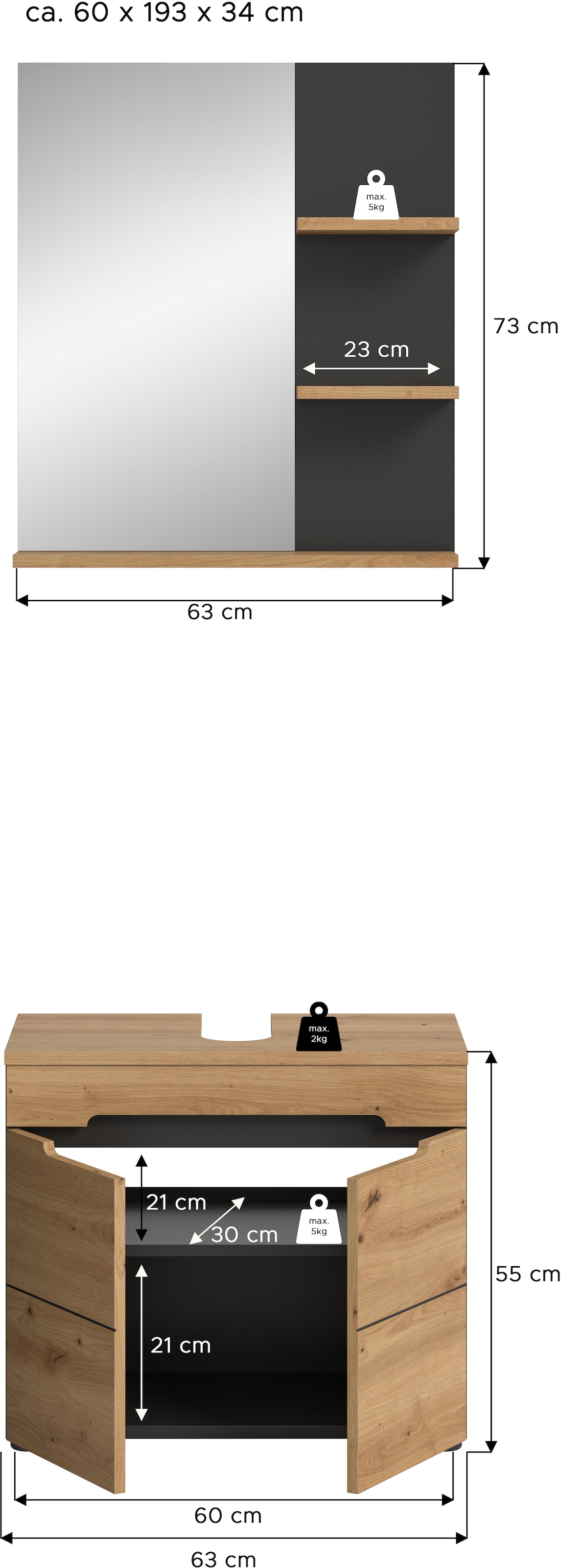 INOSIGN Badmöbel-Set »REHAT, 2-teilig, Breite 63 cm, mit grifflosen Fronten, bestehend aus:« 2 Stk. tlg.