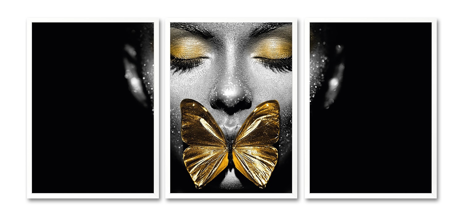 Leonique Bild mit Rahmen »Gesicht Schmetterling Goldfarben - Gerahmter Digitaldruck - Wandbild«, (3er-Set), 3x 30x40 cm - Holzrahmen - Dekoration - Weisser Rahmen - Triptychon