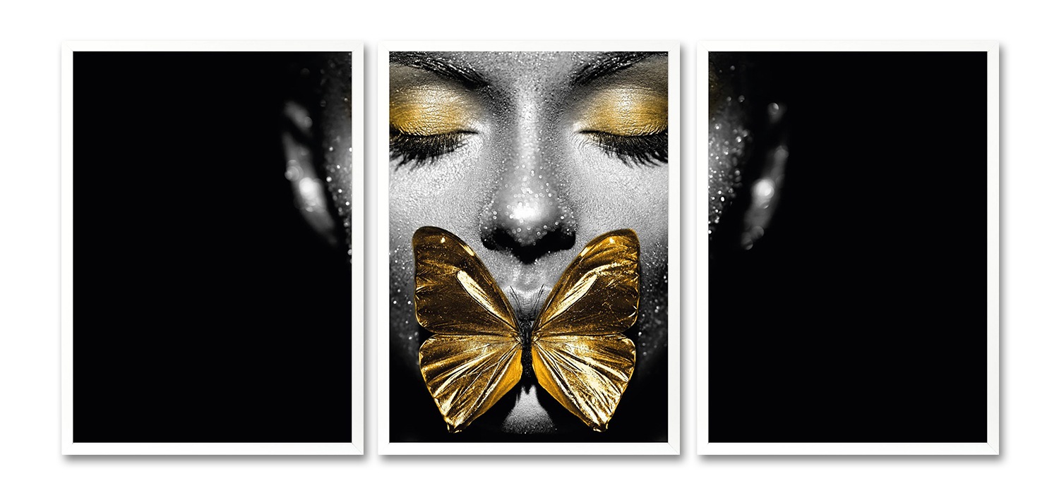 ♕ Leonique Bild mit Rahmen »Gesicht Schmetterling Goldfarben - Gerahmter  Digitaldruck - Wandbild«, (3er-Set), 3x 30x40 cm - Holzrahmen - Dekoration  - Weisser Rahmen - Triptychon versandkostenfrei auf