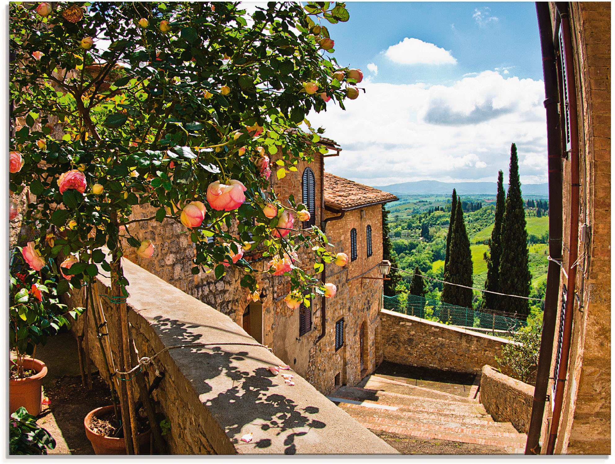 Image of Artland Glasbild »Rosen auf Balkon Toskanalandschaft«, Garten, (1 St.) bei Ackermann Versand Schweiz