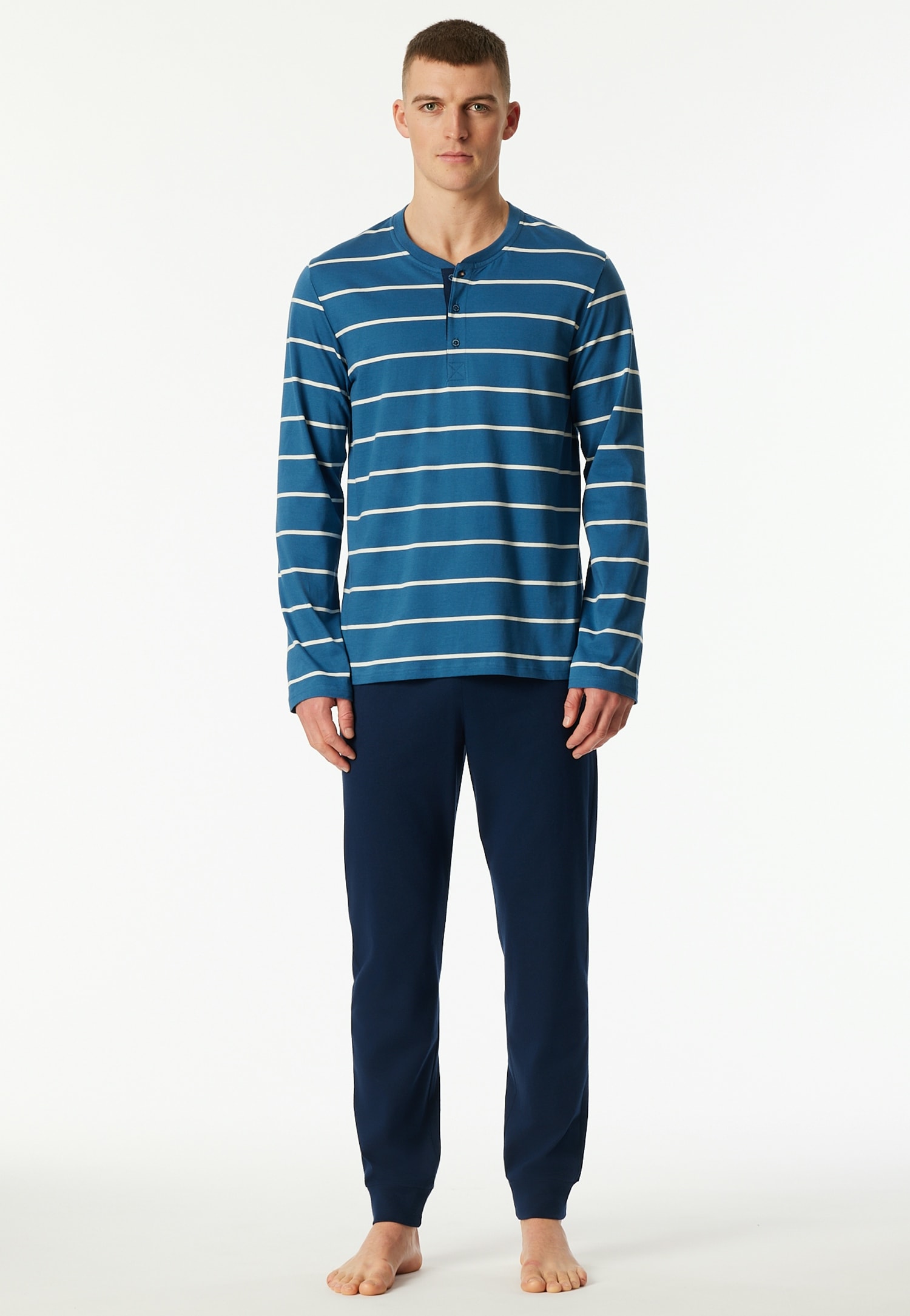 Schiesser Schlafanzug »Casual Nightwear« 2 Stk. tlg., Knopfleiste, Bindeband, Langarm, Baumwolle, Single Jersey