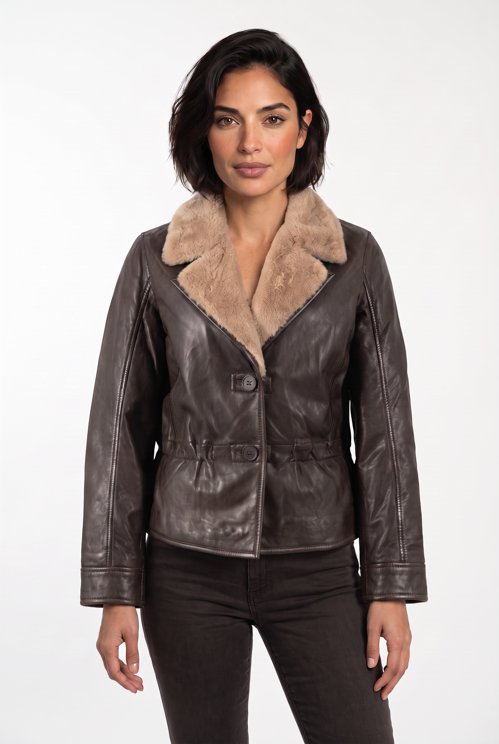 Mauritius Veste en cuir »MWIcelyn« avec col revers orné de fausse fourrure, cintré