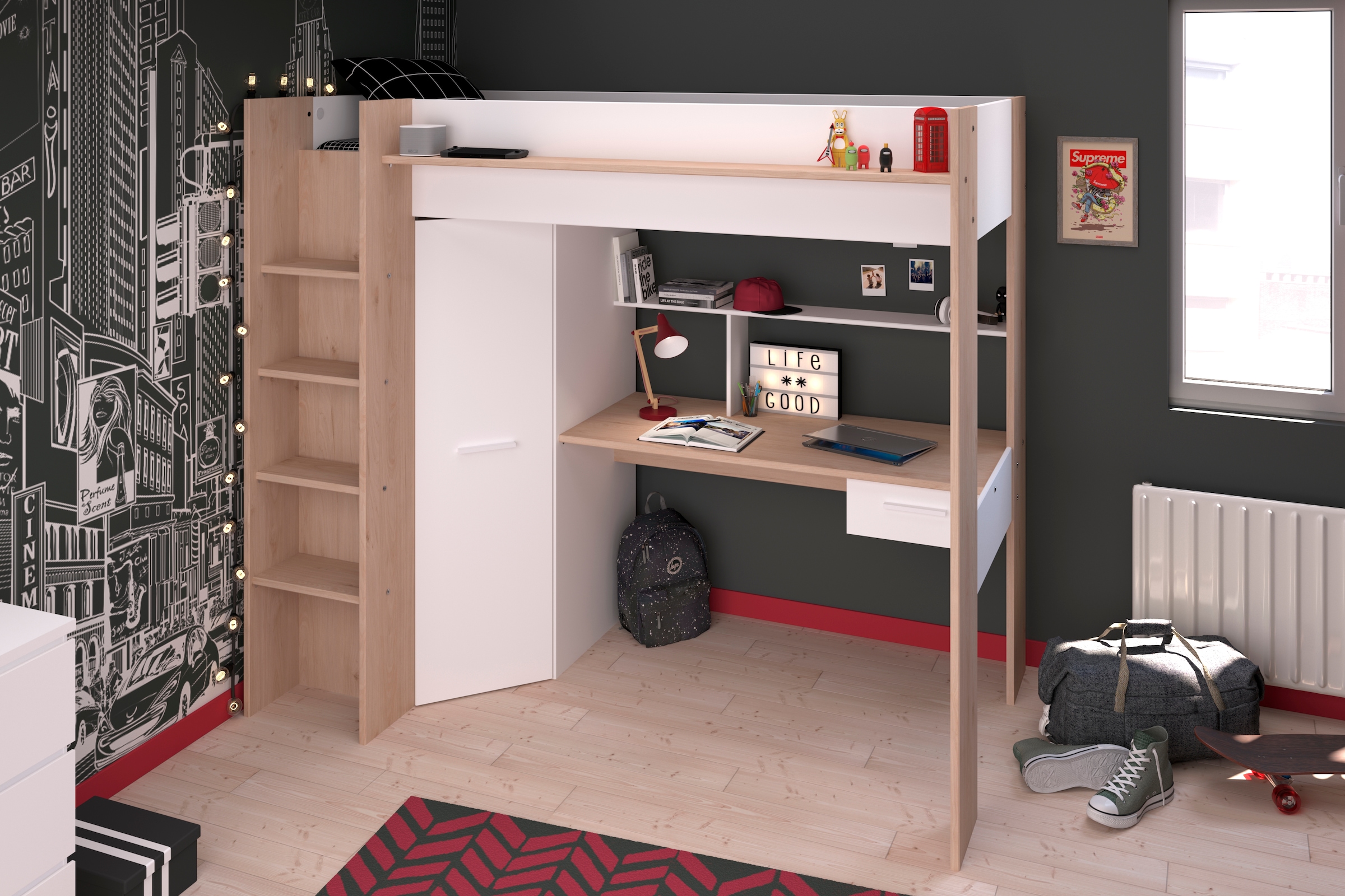 Parisot Hochbett »Heavy«, ALL-IN-ONE, mit Kleiderschrank, Schreibtisch, Leiter, Stauraum