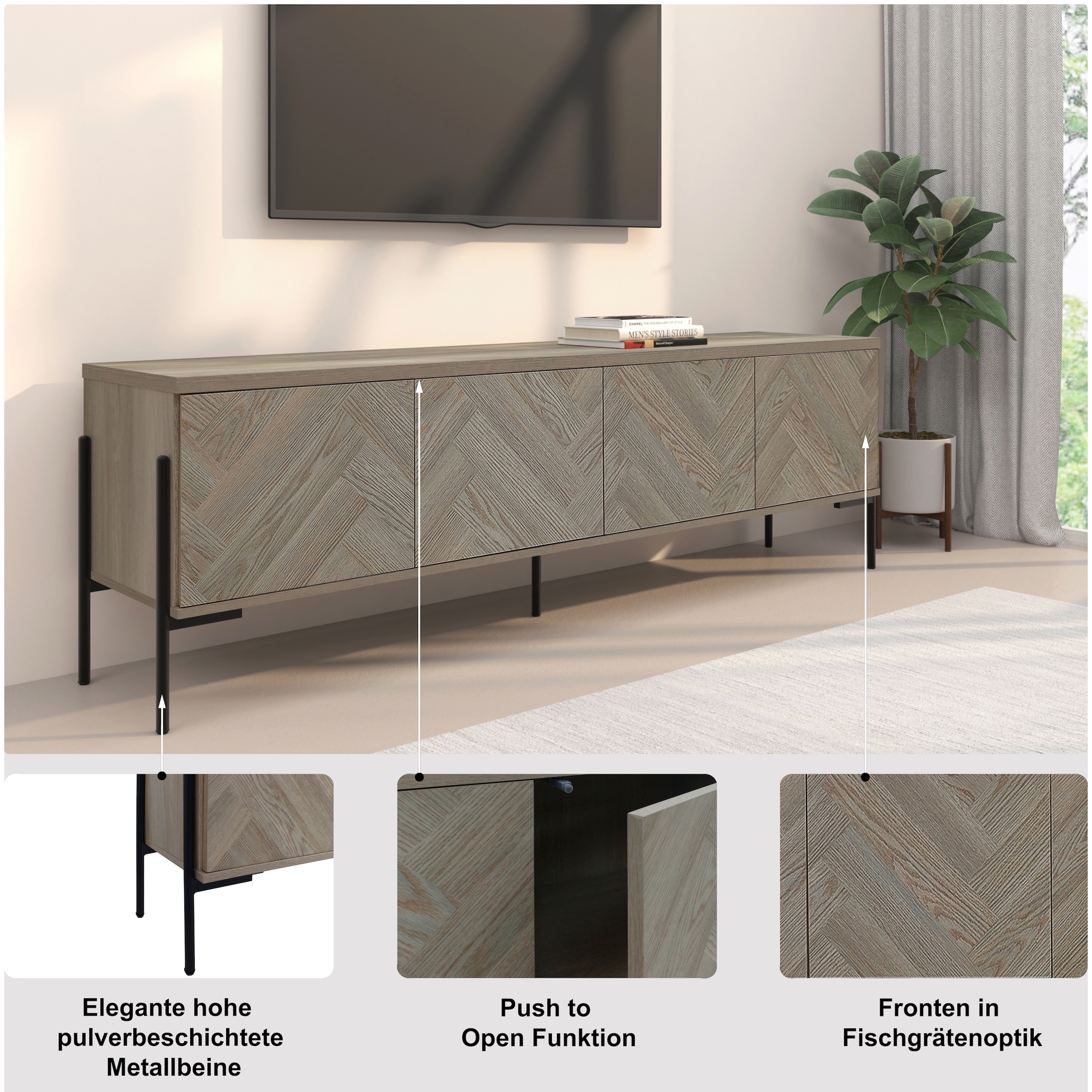 Leonique Table basse »Eadwine« TV-Kommode, Push-to-open, Türen mit Fischgräten Muster, Breite 175 cm