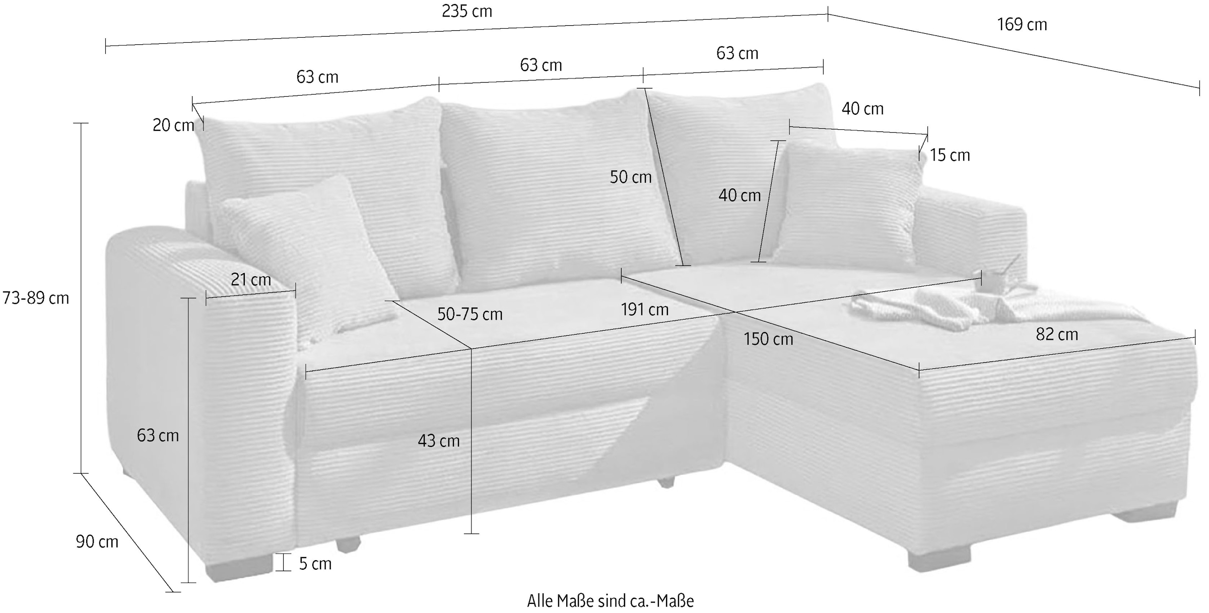 Jockenhöfer Gruppe Ecksofa »Ecksofa Elmau, Grösse Ottomane: L, B:235cm, optional mit Topper« mit Schlaffunktion, Bettkasten & 2 Zierkissen