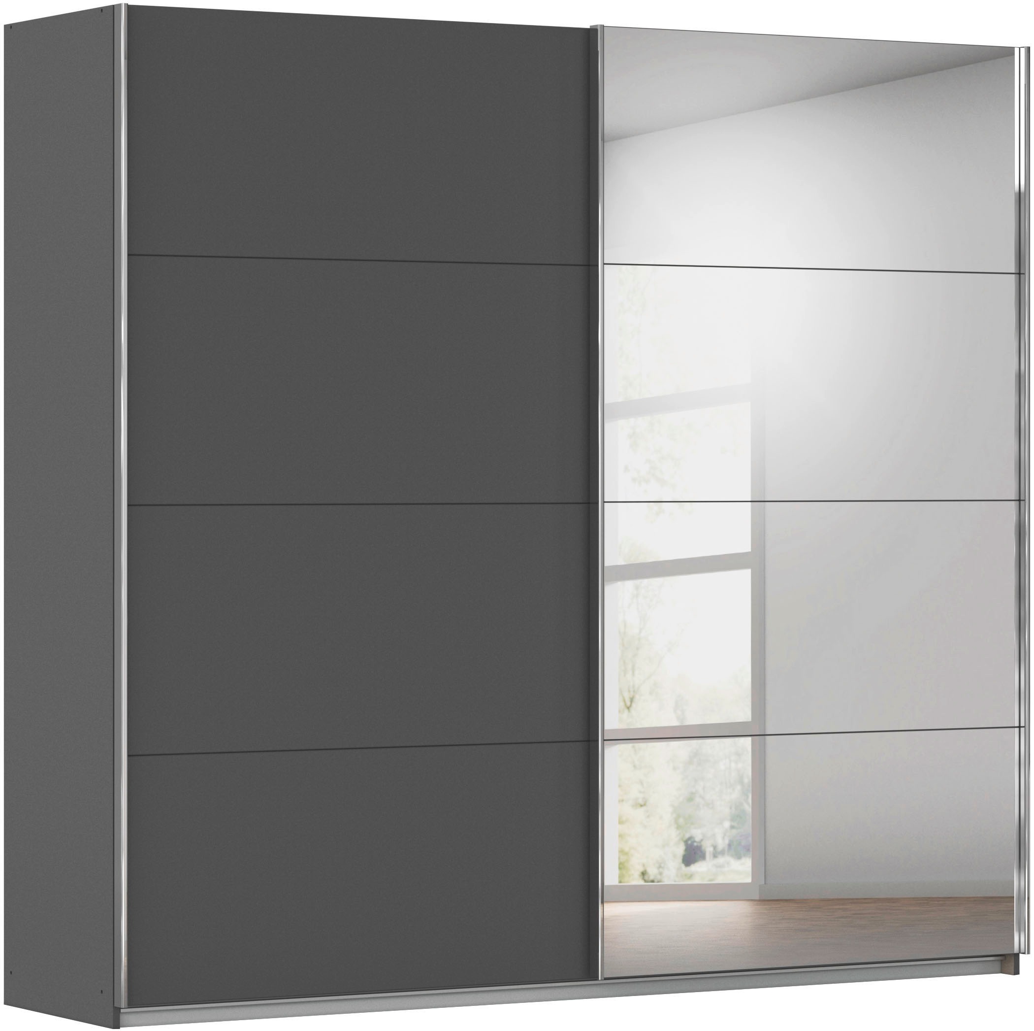 Image of rauch Schwebetürenschrank "Kleiderschrank Schrank Ankleide Garderobe Schlafzimmerschrank MOITA" Breiten: 181/226/271 cm, Höhe 210 cm, mit Spiegel und Metallgriffleisten in Alu MADE IN GERMANY