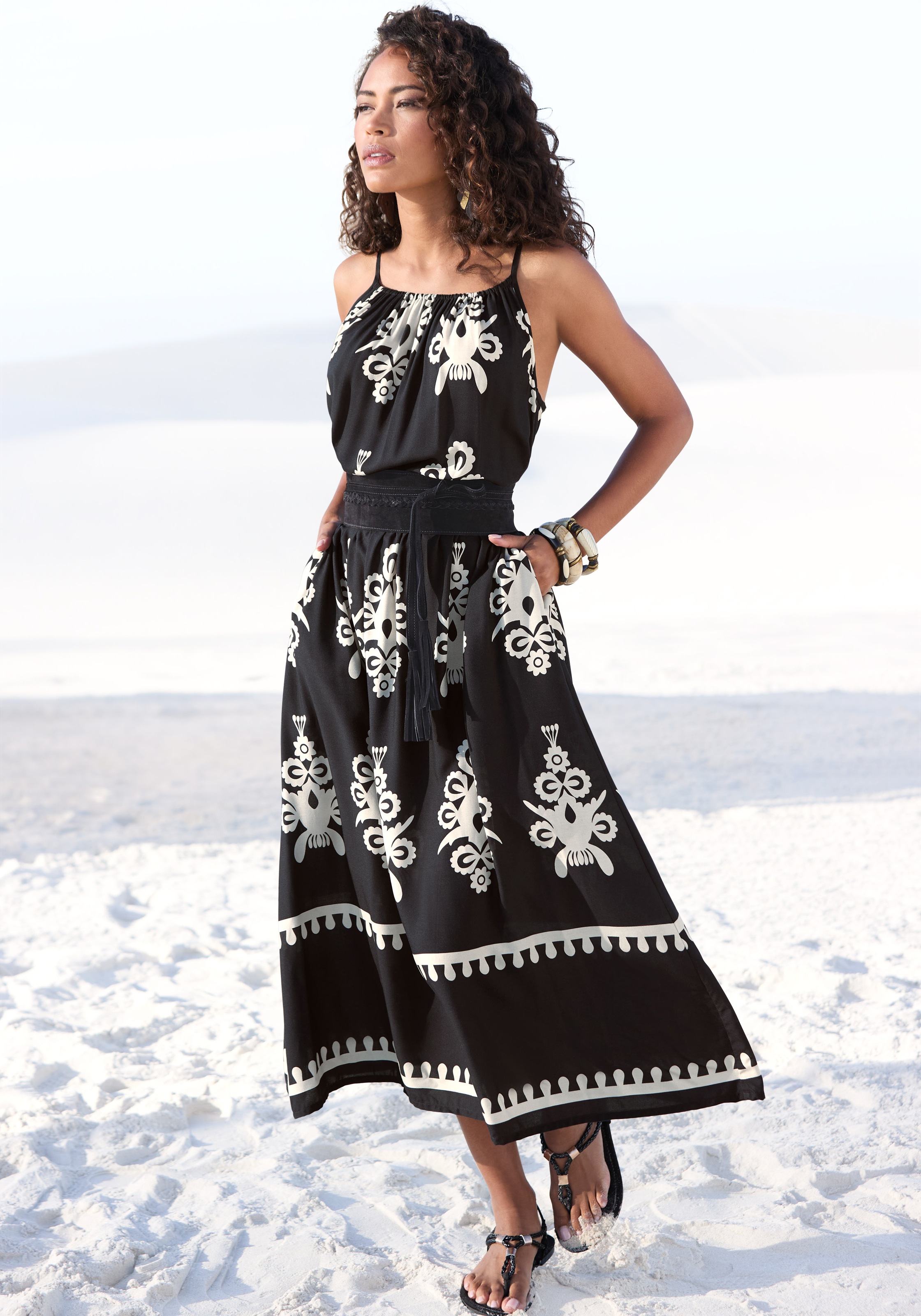 Image of LASCANA Midikleid "aus gewebter Viskose mit Ethnodruck" Seitennahttaschen lockeres Sommerkleid, Strandkleid, Druckkleid, Spaghettikleid
