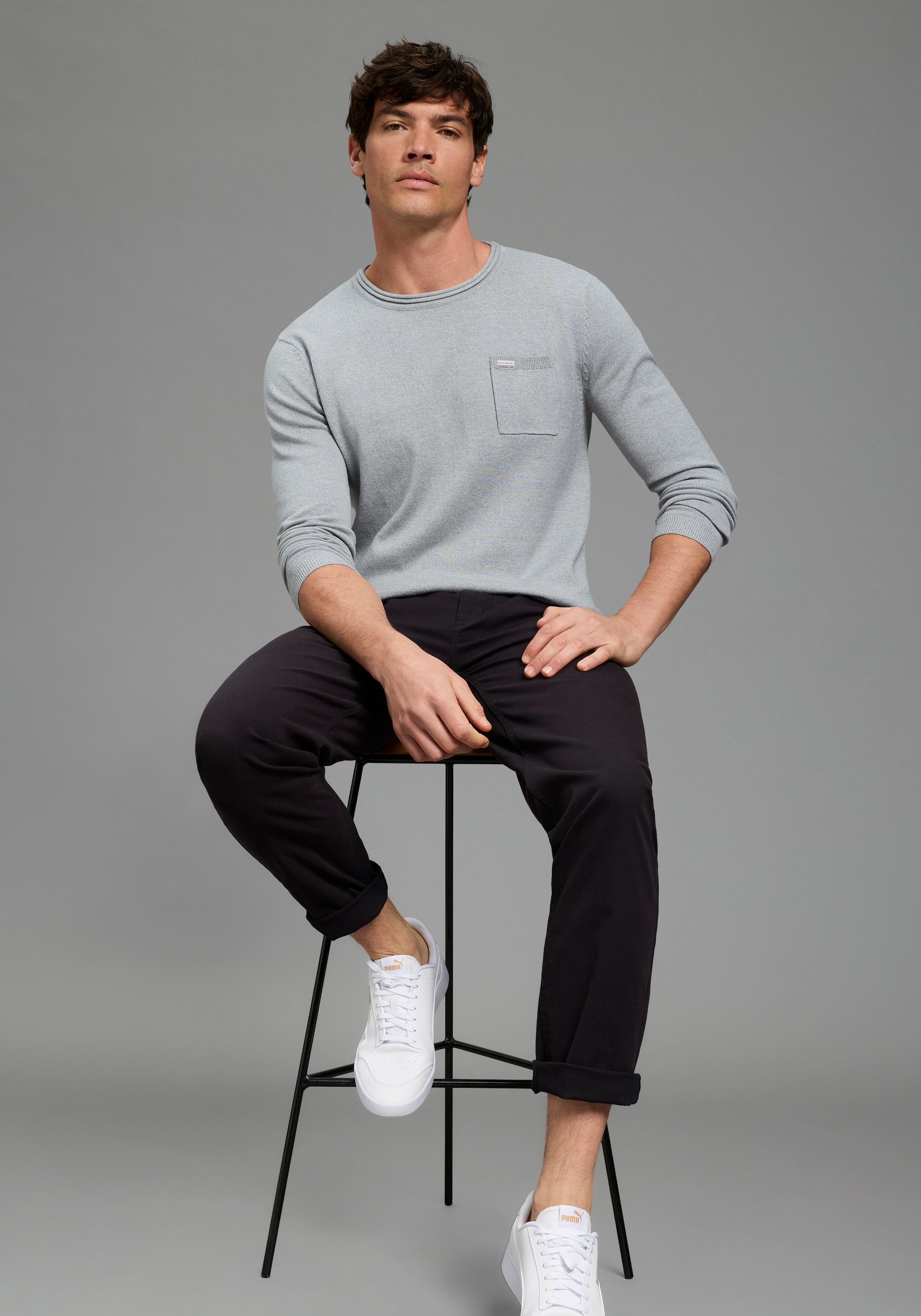 Bruno Banani Rundhalspullover aus Baumwolle, mit Rundhalsausschnitt, Langarm, melierte Optik