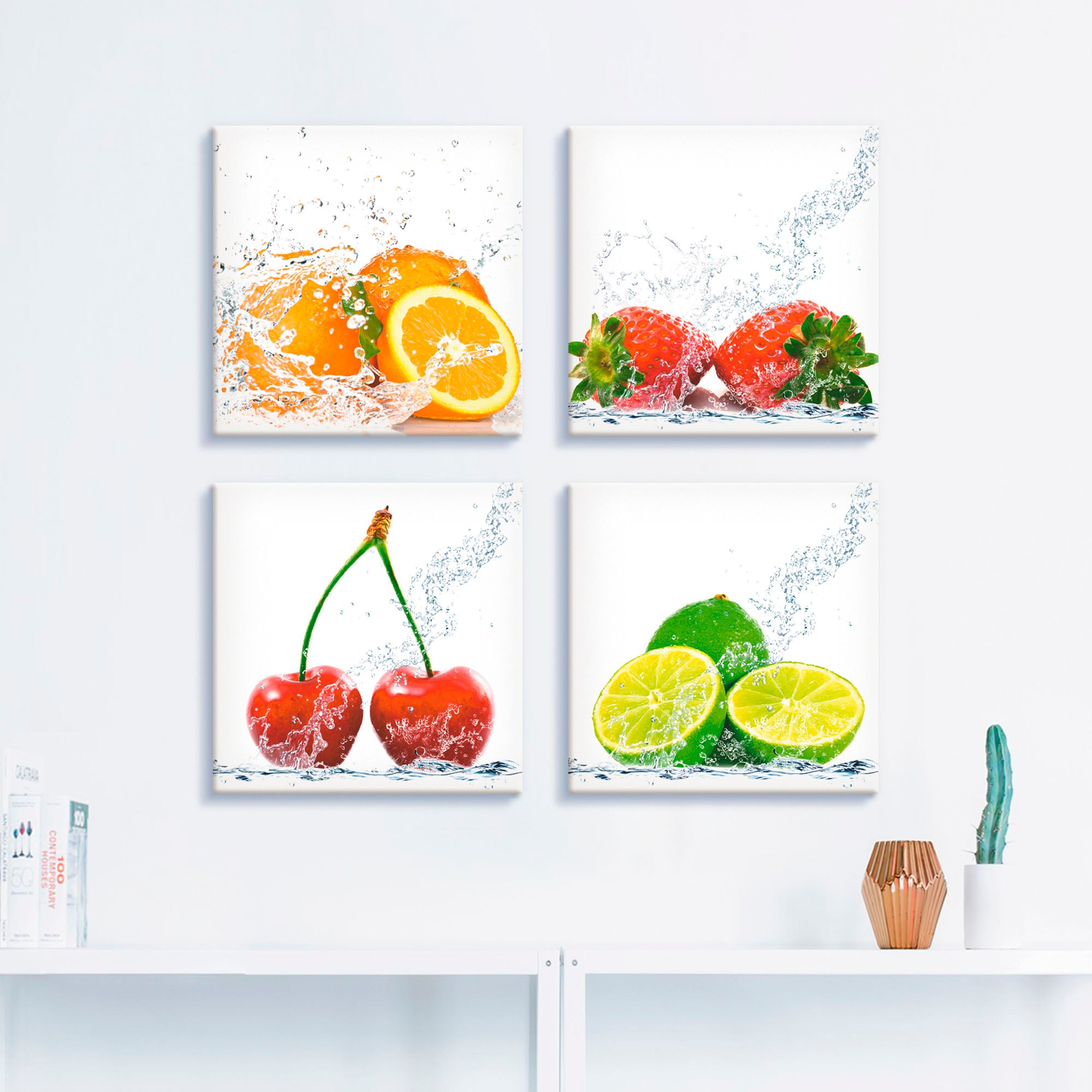 Artland Leinwandbild »Früchte mit Spritzwasser«, Lebensmittel, (4 St.), 4er Set, verschiedene Grössen