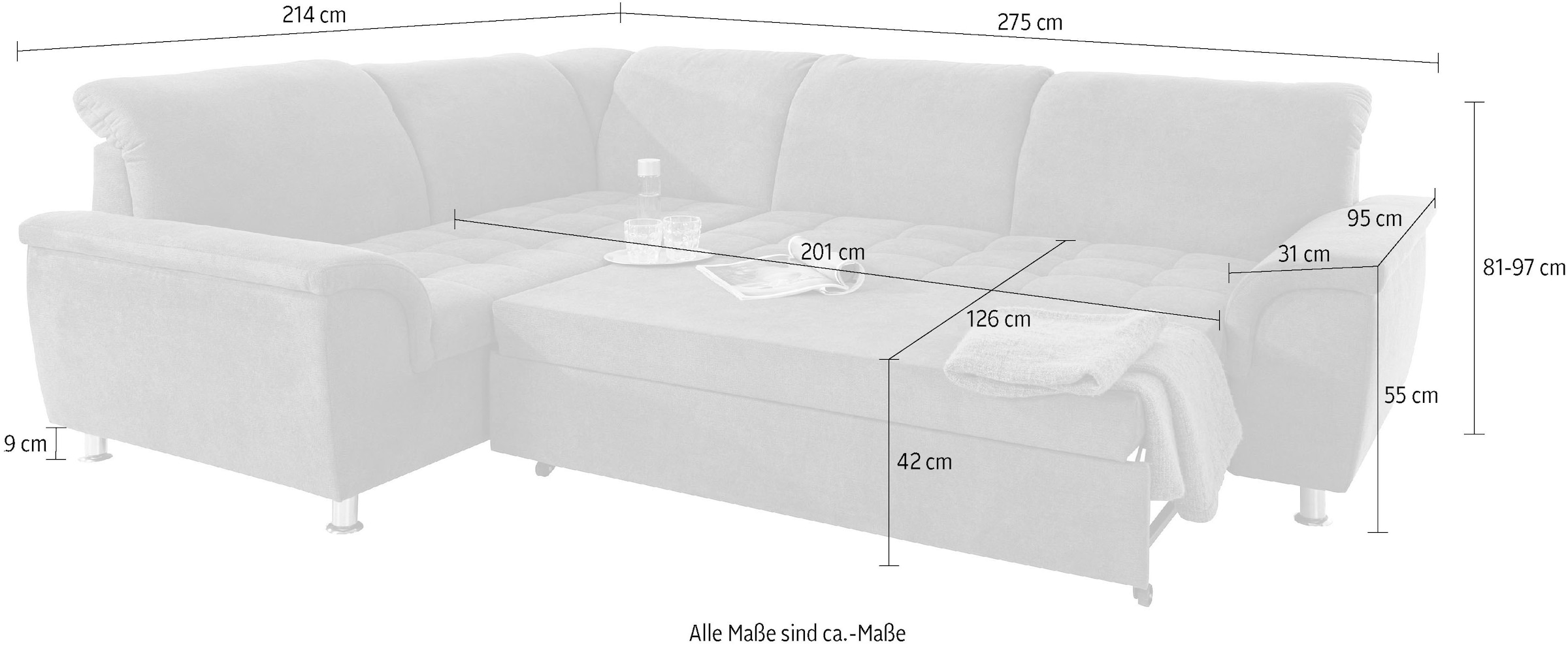 DOMO collection Ecksofa »Franzi L-Form«, wahlweise mit Kopfteilverstellung (dann Breite: 275 cm)
