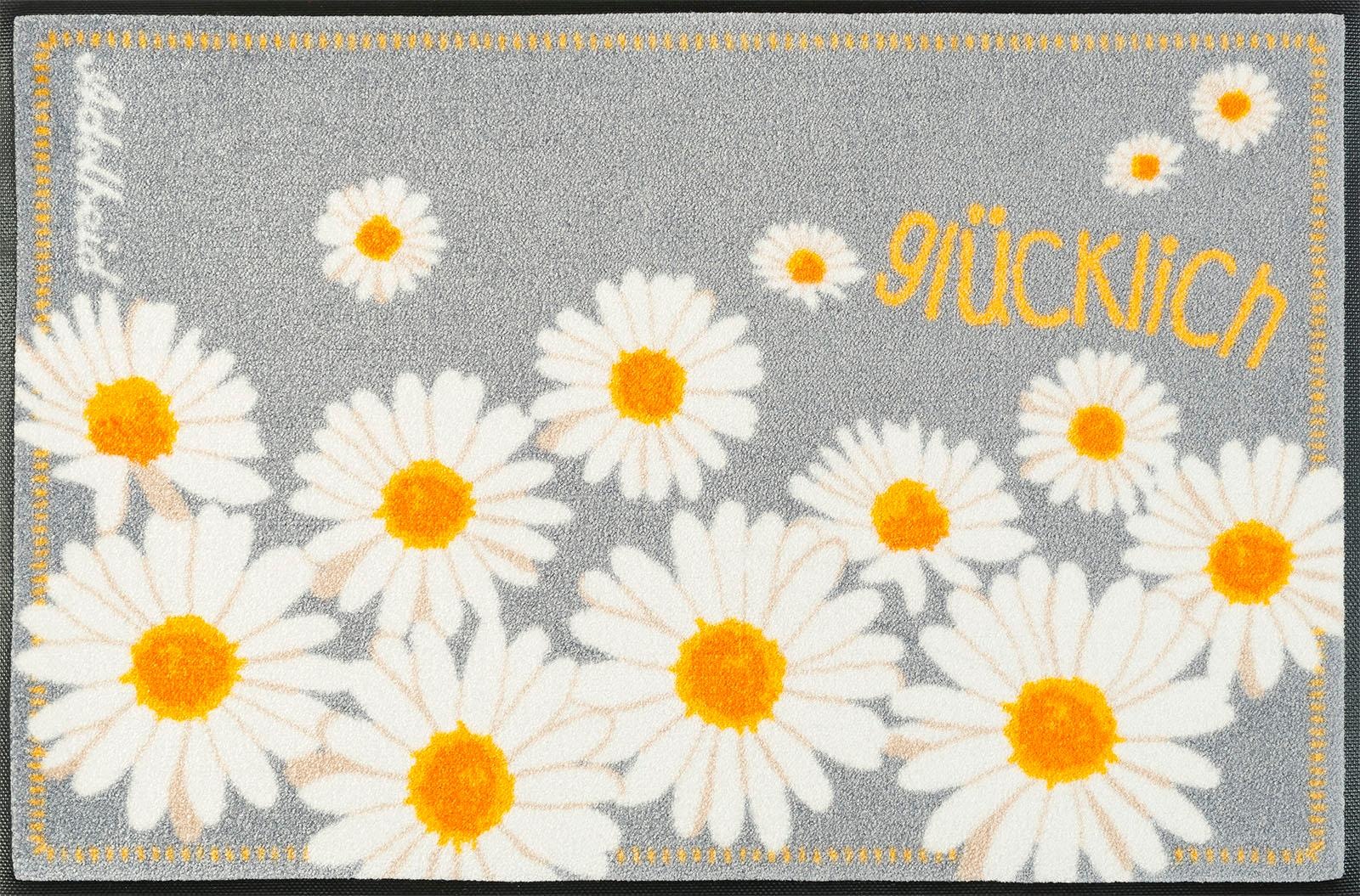 Image of wash+dry by Kleen-Tex Fussmatte »Glücklich«, rechteckig, 9 mm Höhe, Schmutzfangmatte, Motiv Blumen, mit Spruch, rutschhemmend, In- und Outdoor geeignet bei Ackermann Versand Schweiz