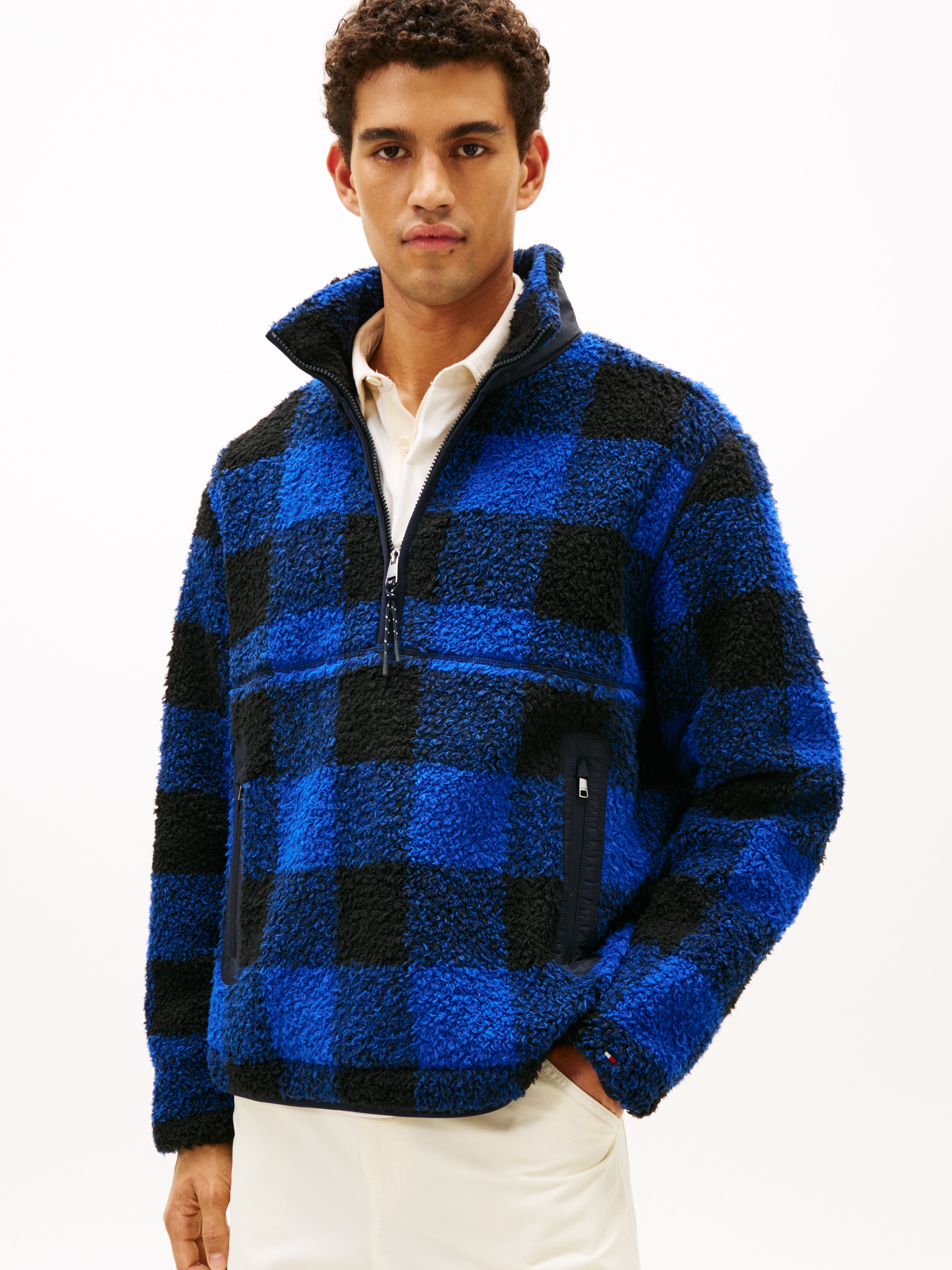 Image of Tommy Hilfiger Fleecepullover "TEDDY FLEECE CHECK PULL OVER", Regular fit mit Rundhalsausschnitt