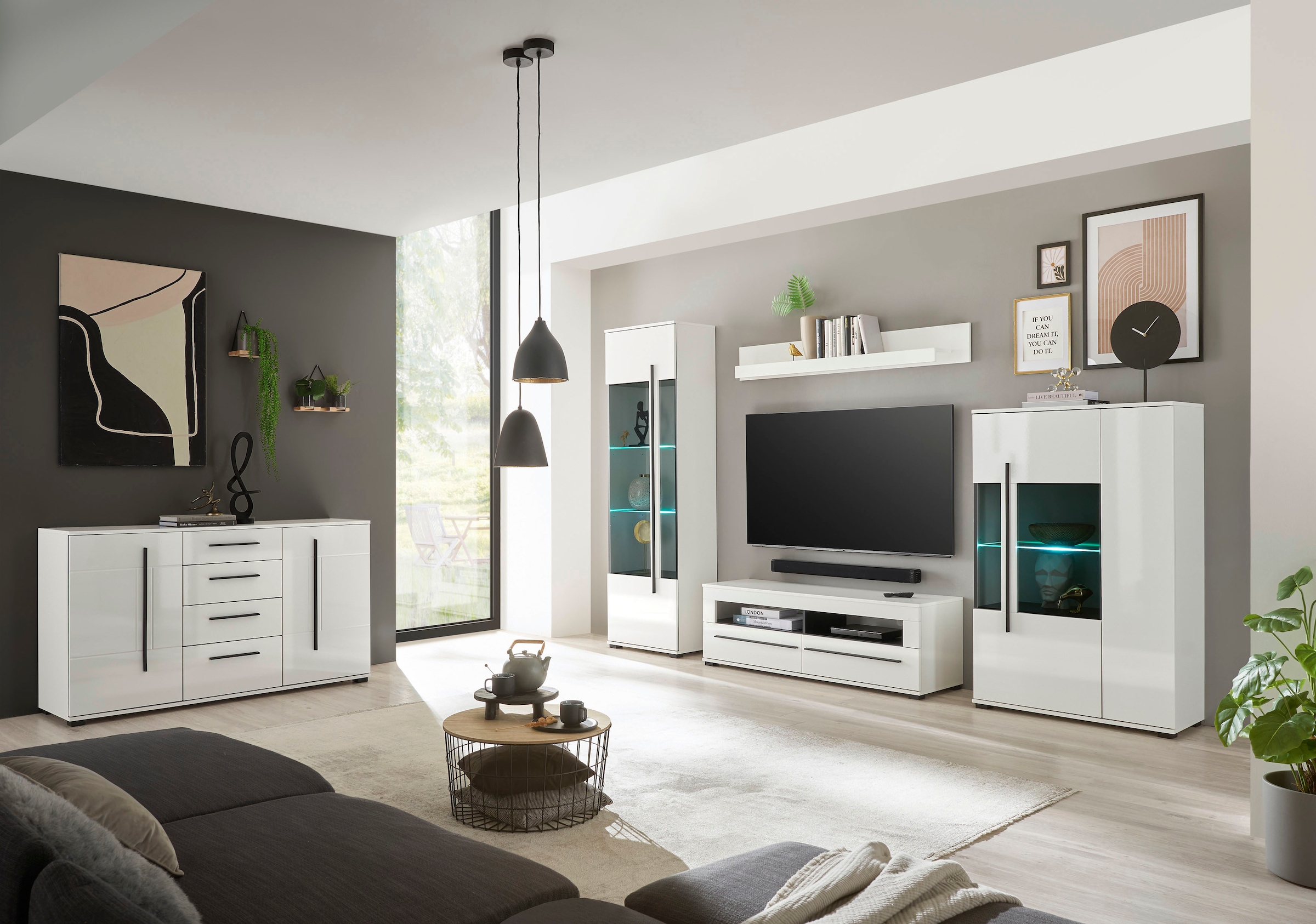 INOSIGN Wohnwand »Cantara, moderne Anbauwand, Wohnzimmer-Set, in Eiche Evoke oder Weiss«, (Set), enthält zwei Vitrinen, ein Lowboard und ein Wandboard