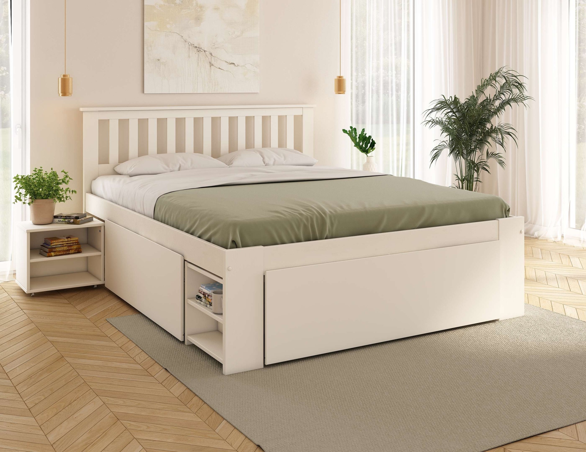 GOODproduct Massivholzbett »Kallvin, platzsparend, 3 Bettkästen, Nachtschränke ausziehbar« inklusive Lattenrost, ideal fürs Jugendzimmer und kleine Räume, FSC®