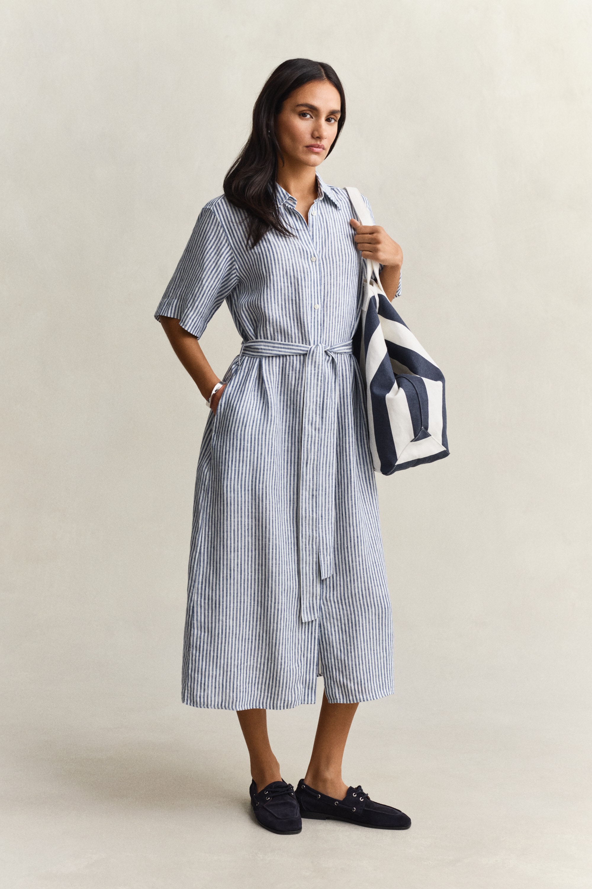 Gant Robe chemisier »STRIPED LINEN« Poches dans les coutures latérales Regular fit mit Bindegürtel