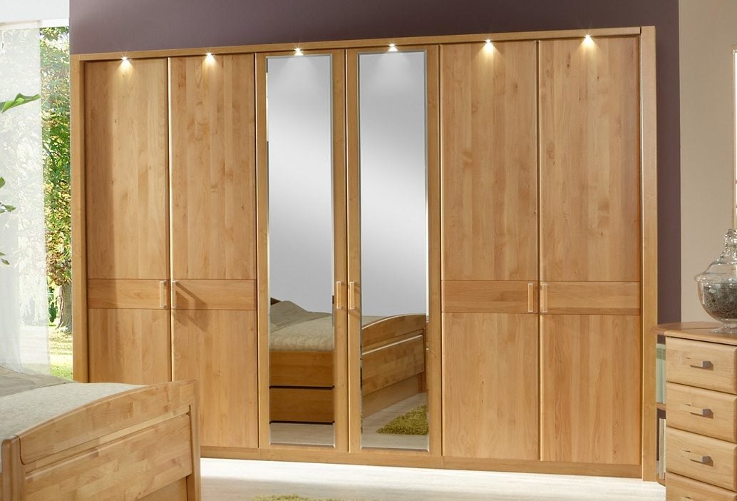 WIEMANN Armoires à vêtements »Lausanne, Drehtürenschrank, Schrank, Wäscheschrank, Erle teilmassiv« 2 largeurs, 2 hauteurs 216/236 cm sélectionnables, FABRIQUÉ EN ALLEMAGNE,  Façade en bois massif d'aulne, qualité durable, avec amortisseur de porte