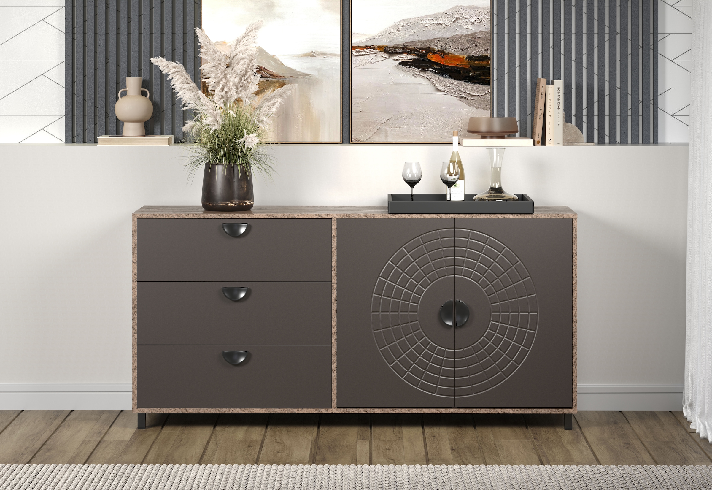 INOSIGN Sideboard »Fusion« 1 Stk. tlg. Kommode mit markantem Kreismuster - Antikoptik - (B/T/H) 176/42/86 cm