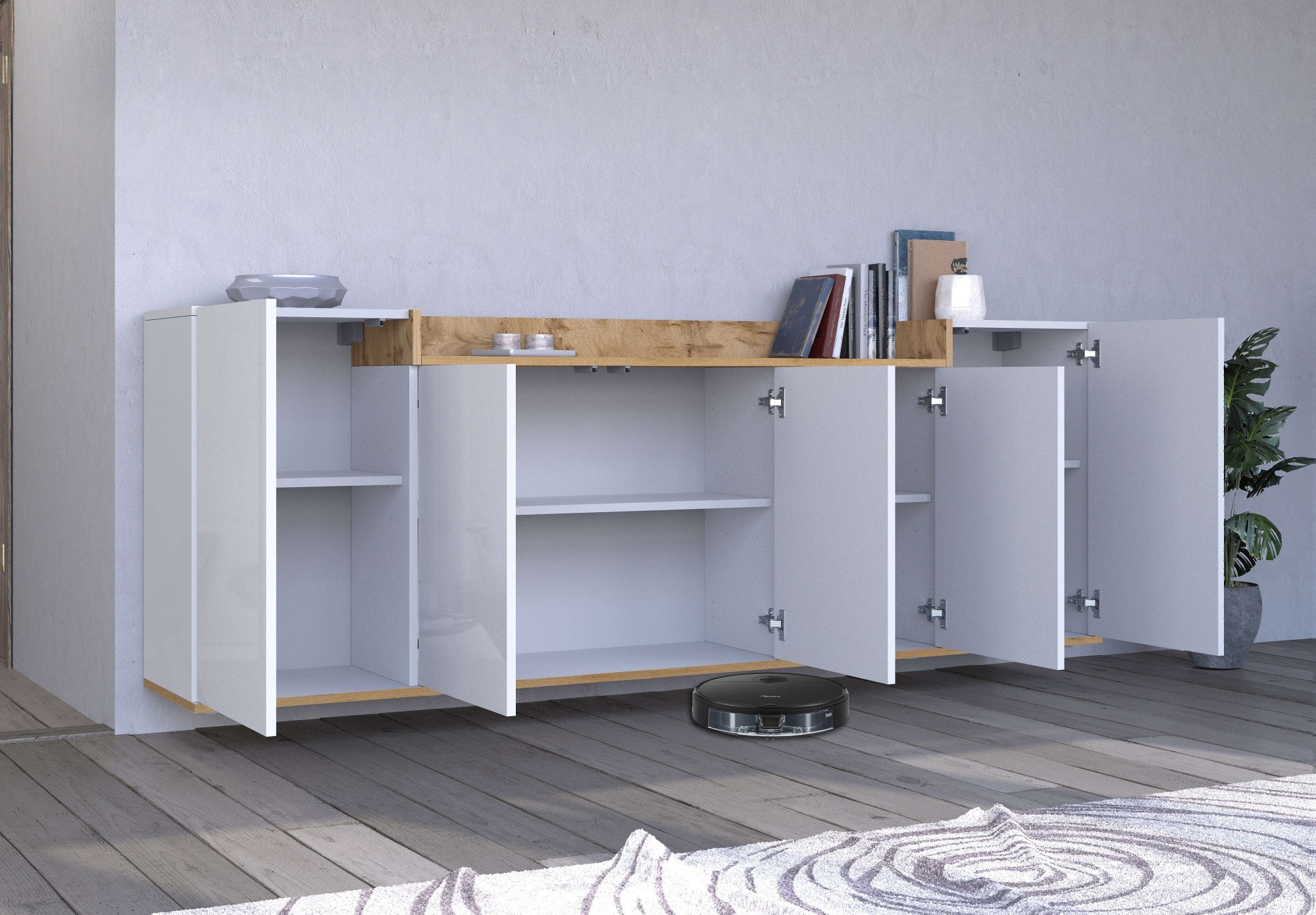 GOODproduct Sideboard »BOLSENA, Kommode, Schrank,Lowboard mit 8 Fächer und offenes Ablagefach« 1 Stk. tlg. Breite 200 cm,stehend/hängend,Fronten Hochglanz lackiert,Made in Italy