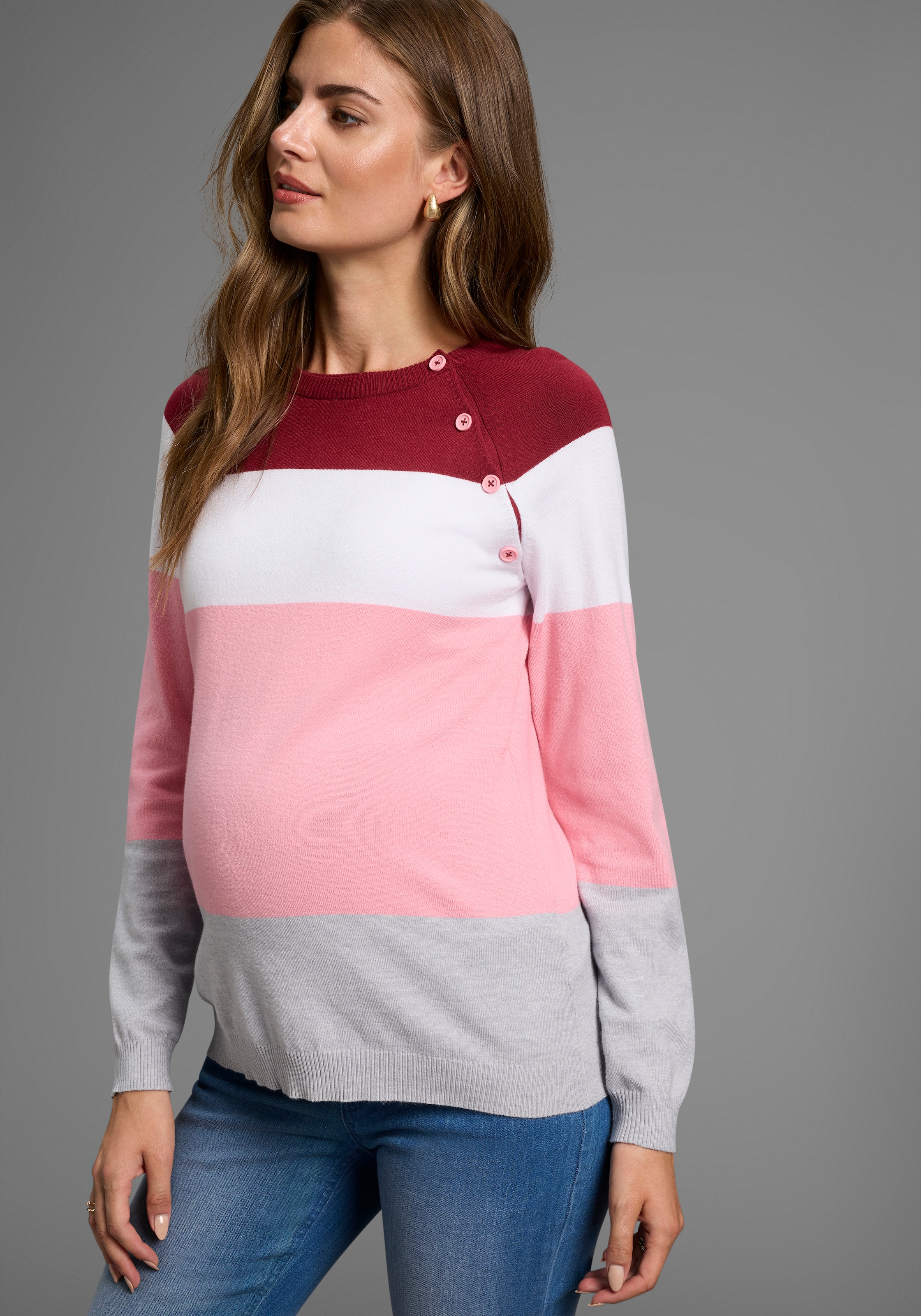 Image of Neun Monate Strickpullover "Ringel-Pullover für Schwangerschaft und Stillzeit" Umstands-Pullover mit praktischer Öffnung