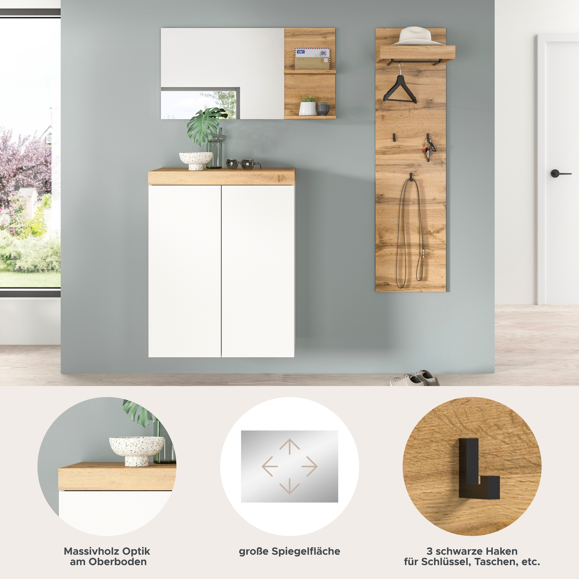 GOODproduct Garderoben-Set »MAMBO, 3-teilige Kombination, stehend & hängend montierbar« bestehend aus: Kommode, Spiegel, Garderobenpaneel, 3 Stk. tlg.