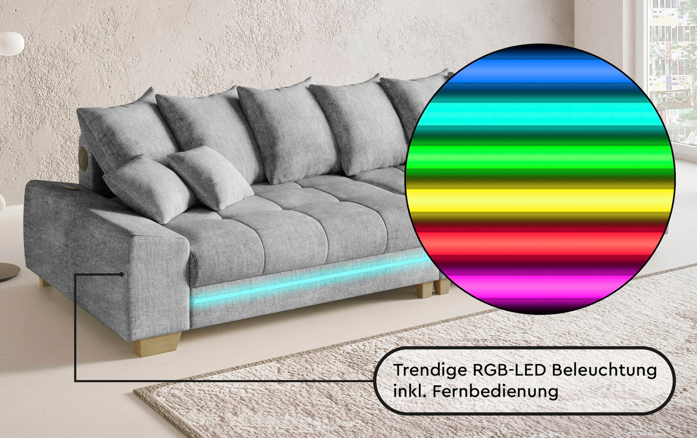 Mr. Couch Big-Sofa »Nikita II« mit RGB-LED, Bluetooth-Soundsystem, Kaltschaum