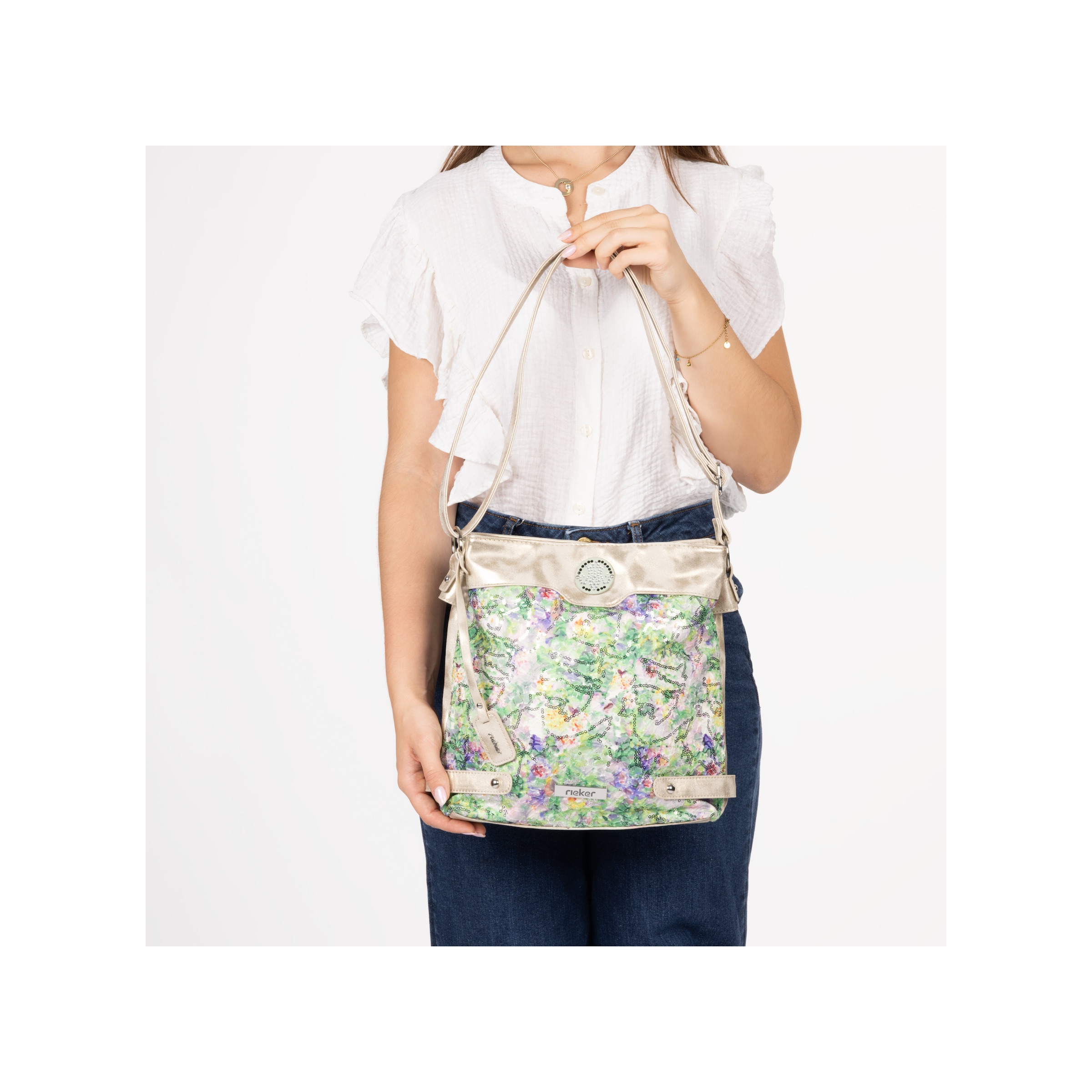 Rieker Umhängetasche Damen Schultertasche, Handtasche in Metallic-Optik