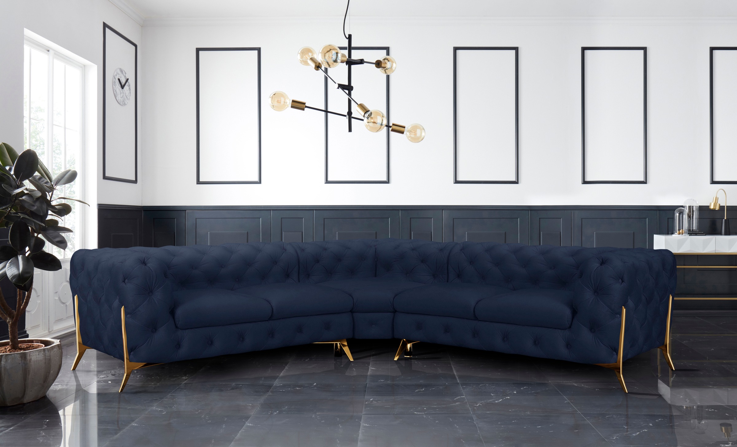 Home affaire Canapé Chesterfield »Amaury L-Form« Look Chesterfield, largeur/profondeur 262 cm chacun, couleur des pieds au choix