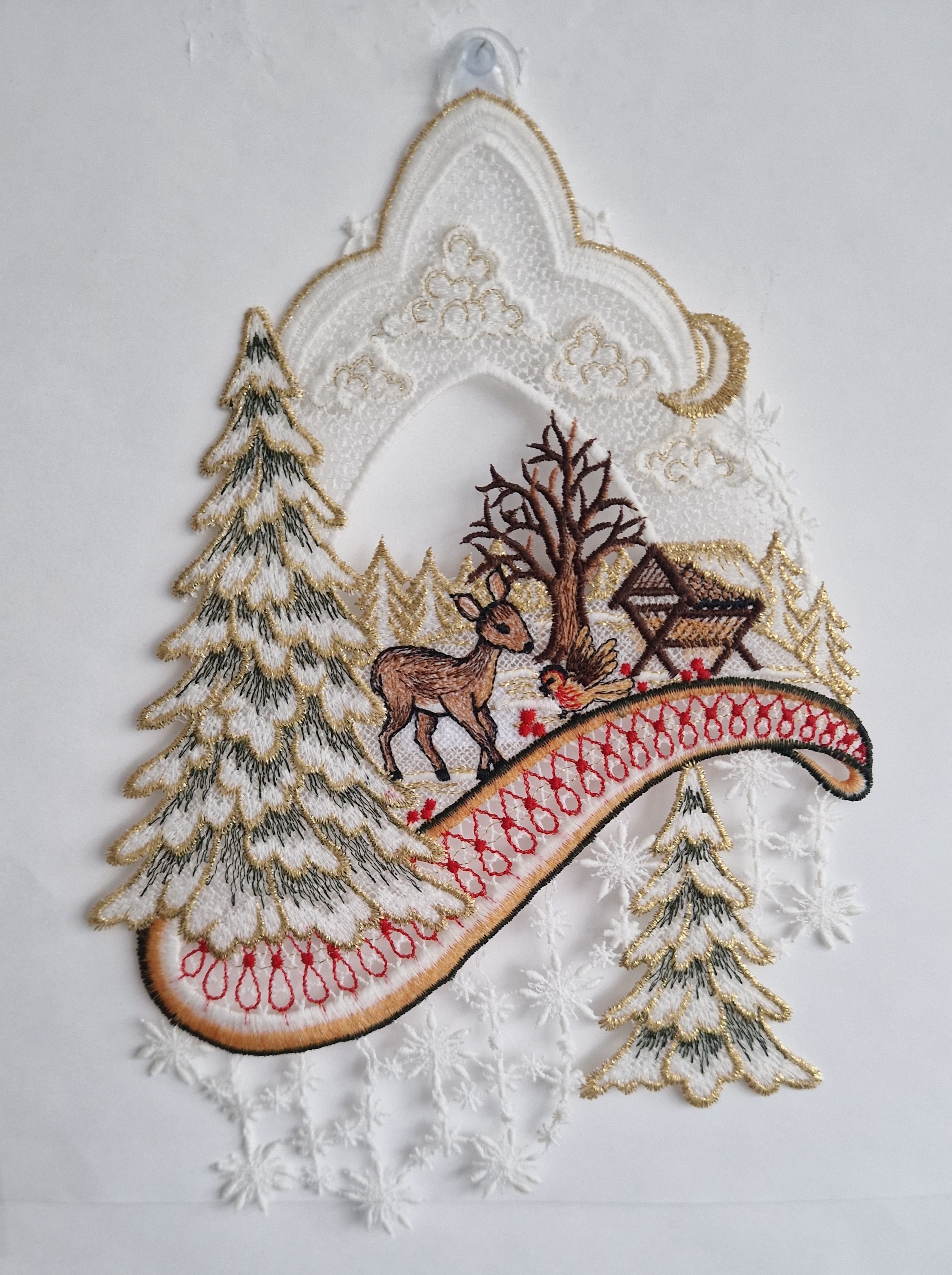 Image of Stickereien Plauen Fensterbild "Fensterbild Reh im Wald" echte Plauener Stickerei