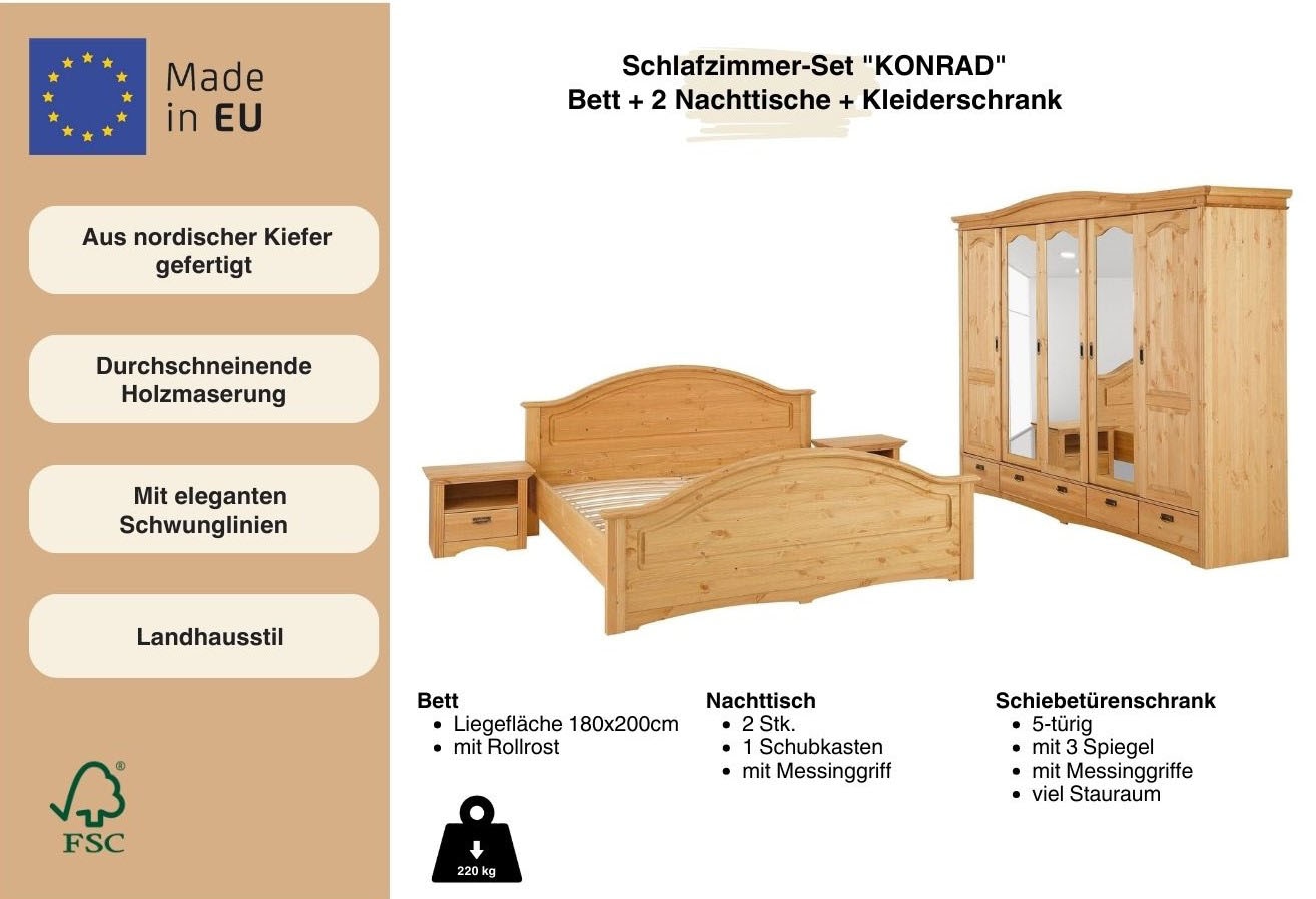 Home affaire Schlafzimmer-Set »"Konrad", komplettes Schlafzimmer mit grossem Schrank«, (Set, 4 tlg., Kleiderschrank 5 türig mit Schubladen, 2 Nachttische, Bett 180x200cm), klassischer Landhausstil, Metallgriffe, Massivholz (Kiefer)