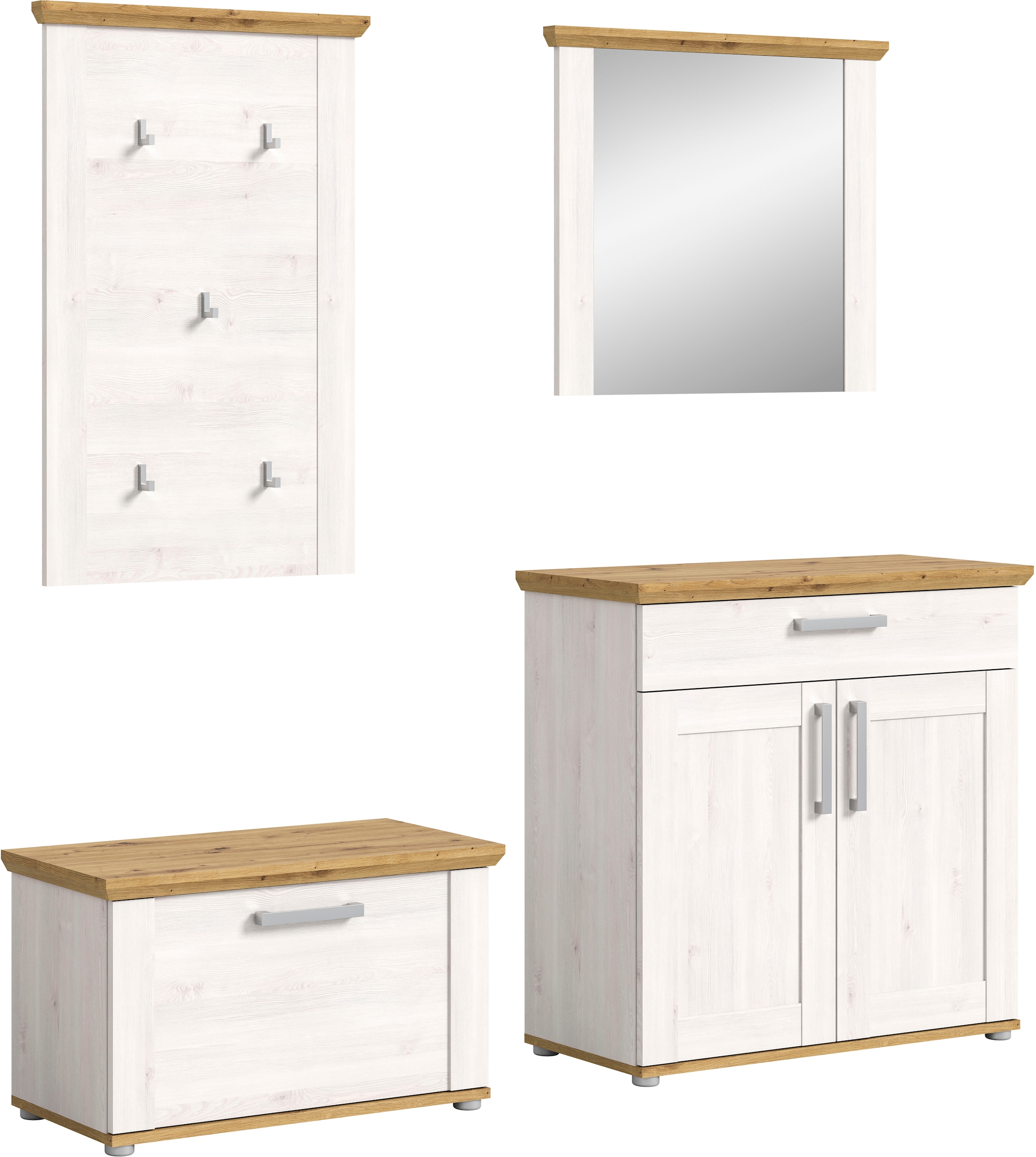 Image of Home affaire Garderoben-Set "COSENZA, Breite ca. 190 cm, 4-teilig, in Landhausoptik" bestehend aus: Sitzbank, Garderobenpaneel, Schuhschrank, Spiegel, 4 Stk. tlg.