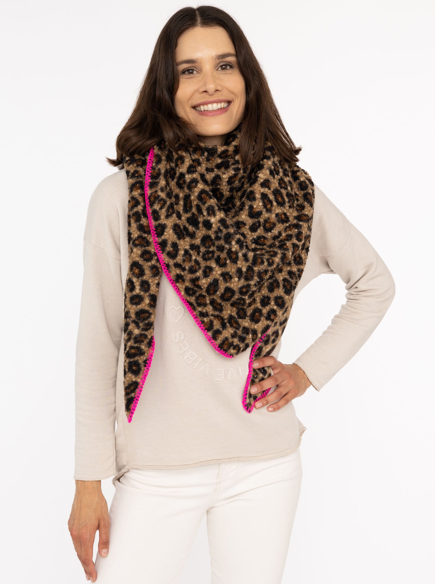 Zwillingsherz Foulard triangulaire »"Leo Leo"« motif léopard, bord rose, aspect teddy